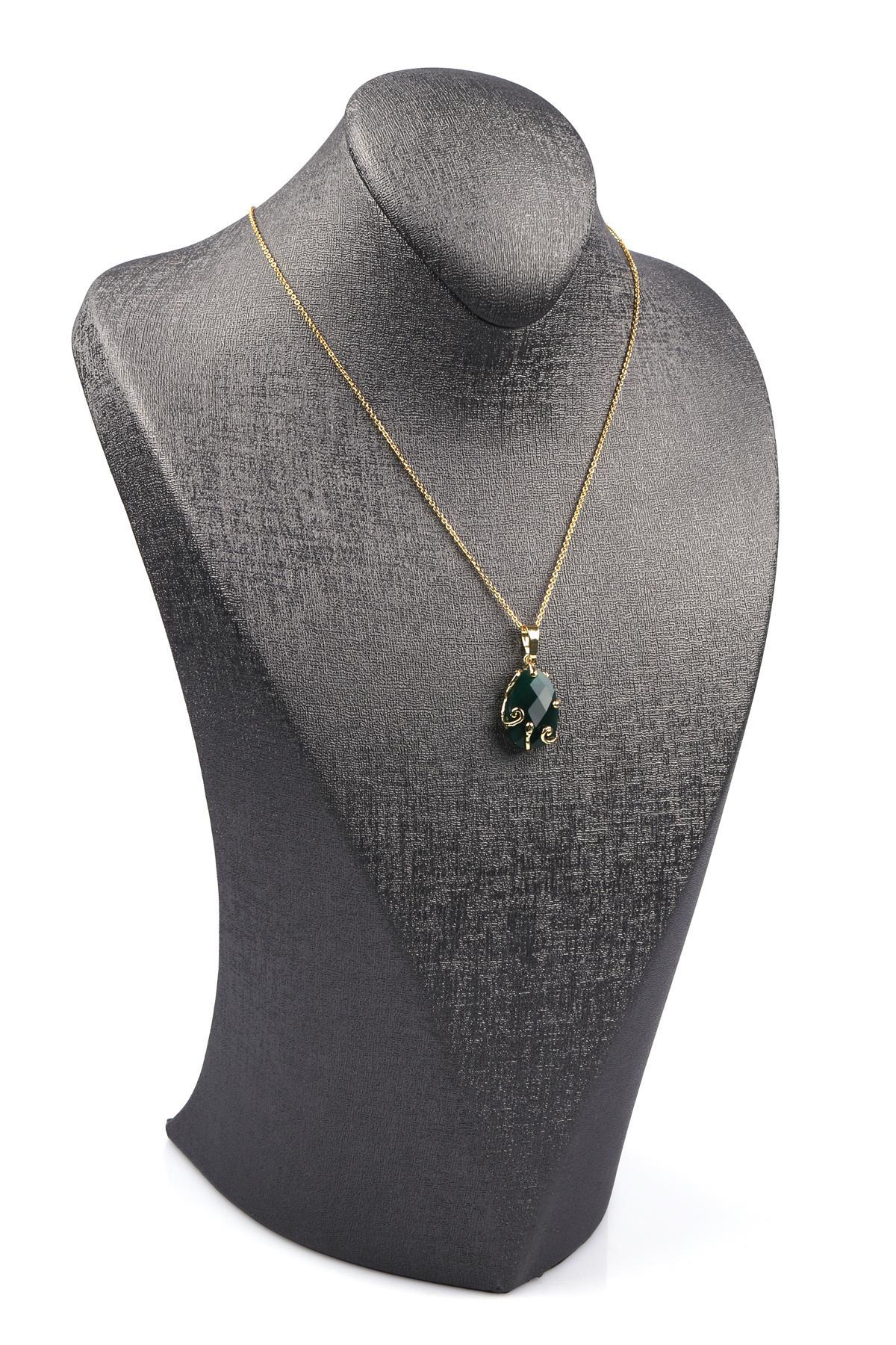 Yeşil Akik Doğal Taş Gold Renkli Kolye