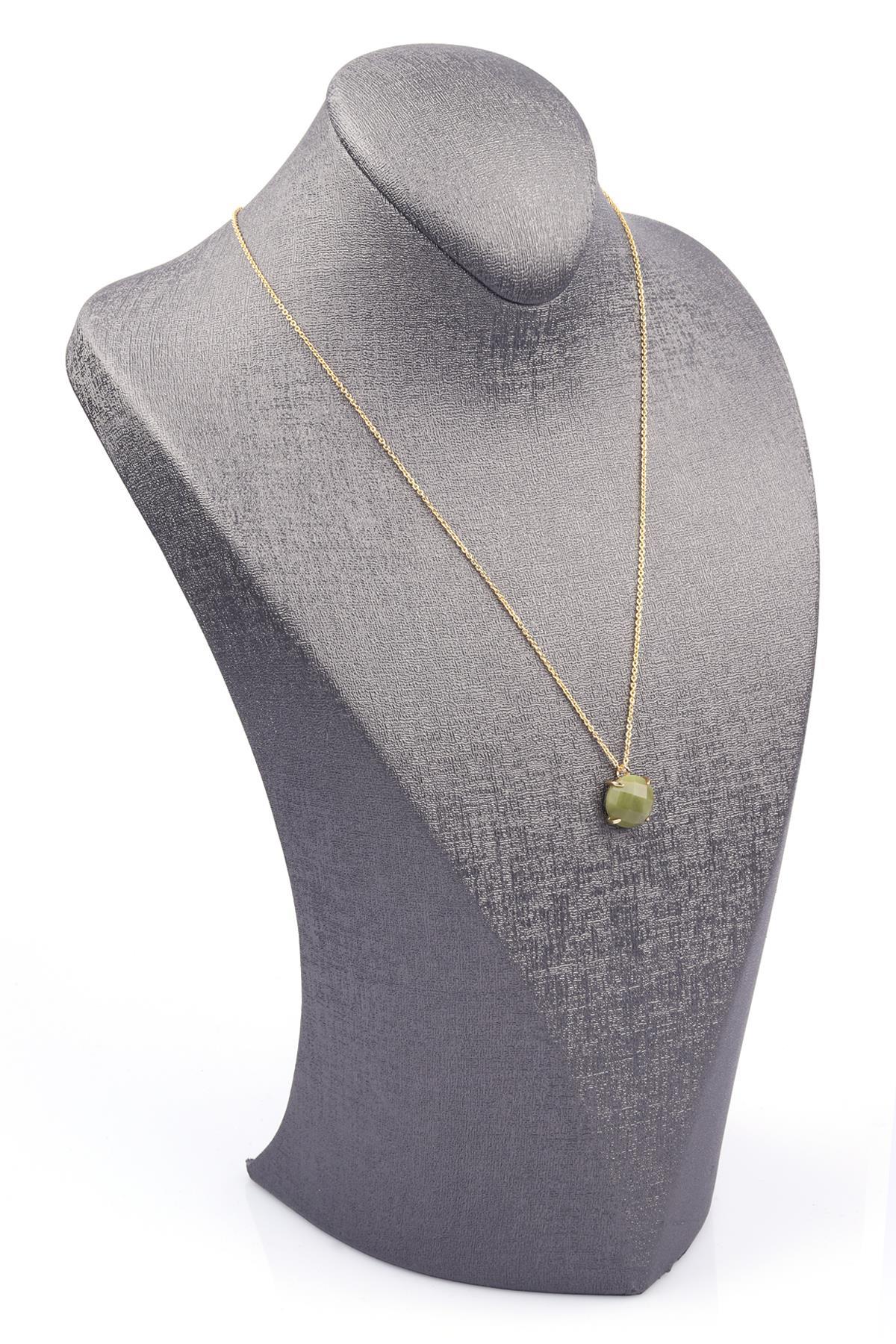 Yeşil Akik Doğal Taş Gold Renkli Kolye