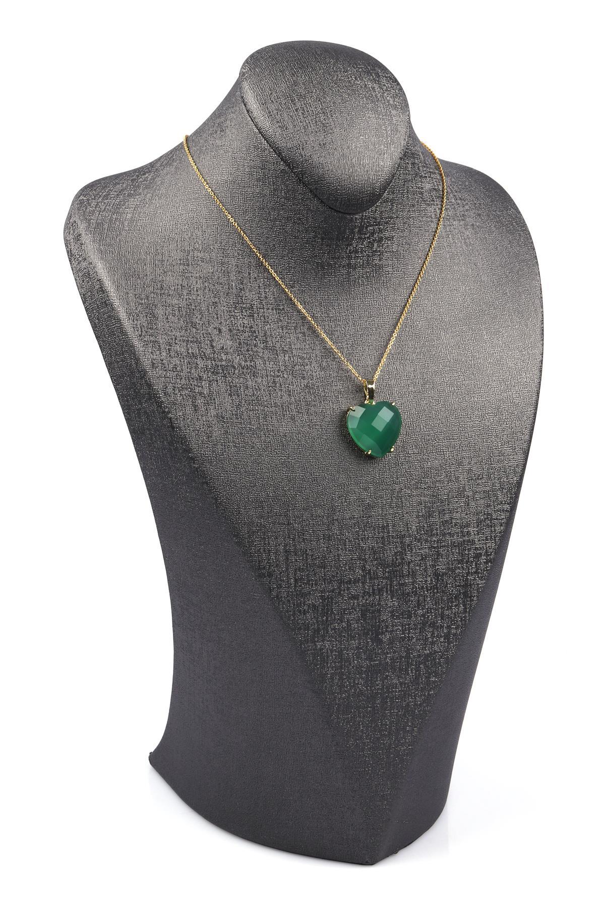 Yeşil Akik Doğal Taş Gold Renkli Kolye