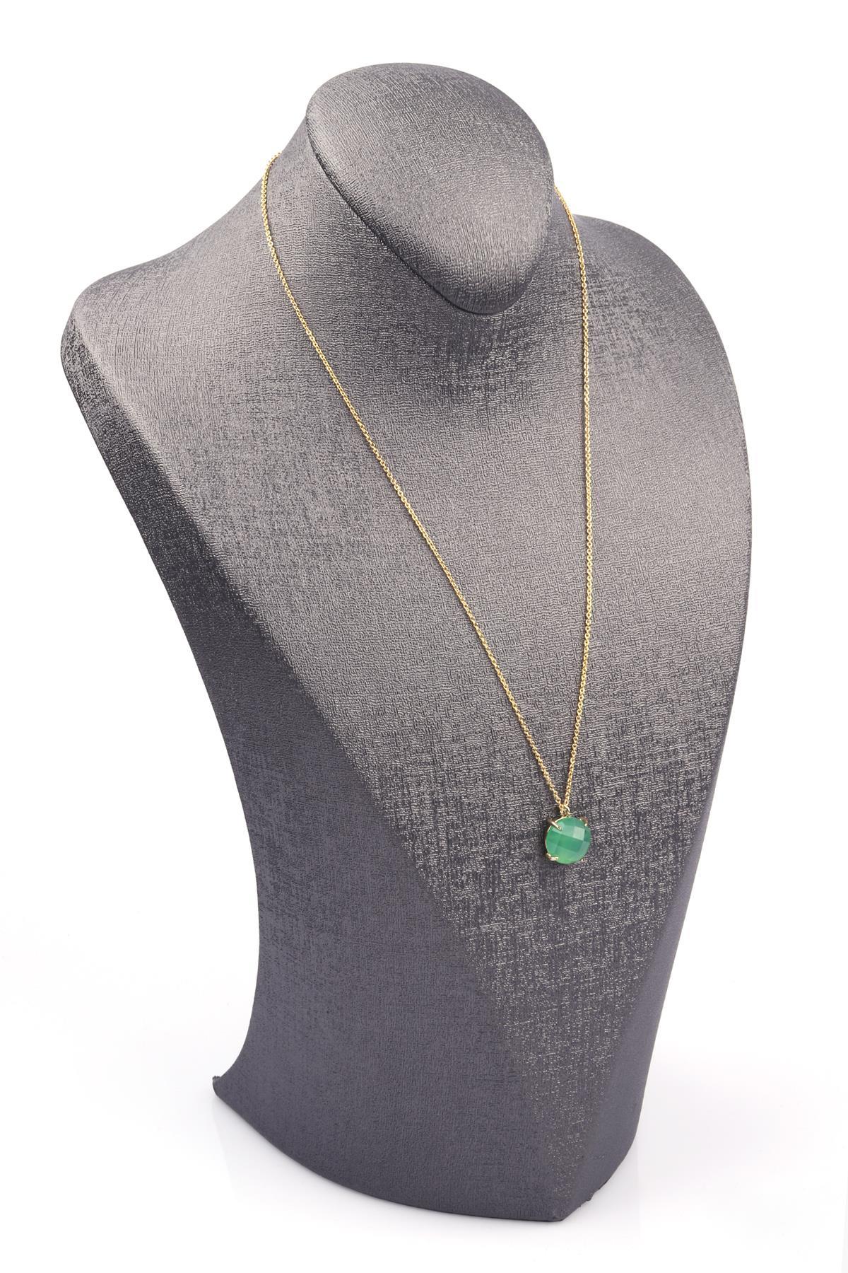 Yeşil Akik Doğal Taş Gold Renkli Kolye