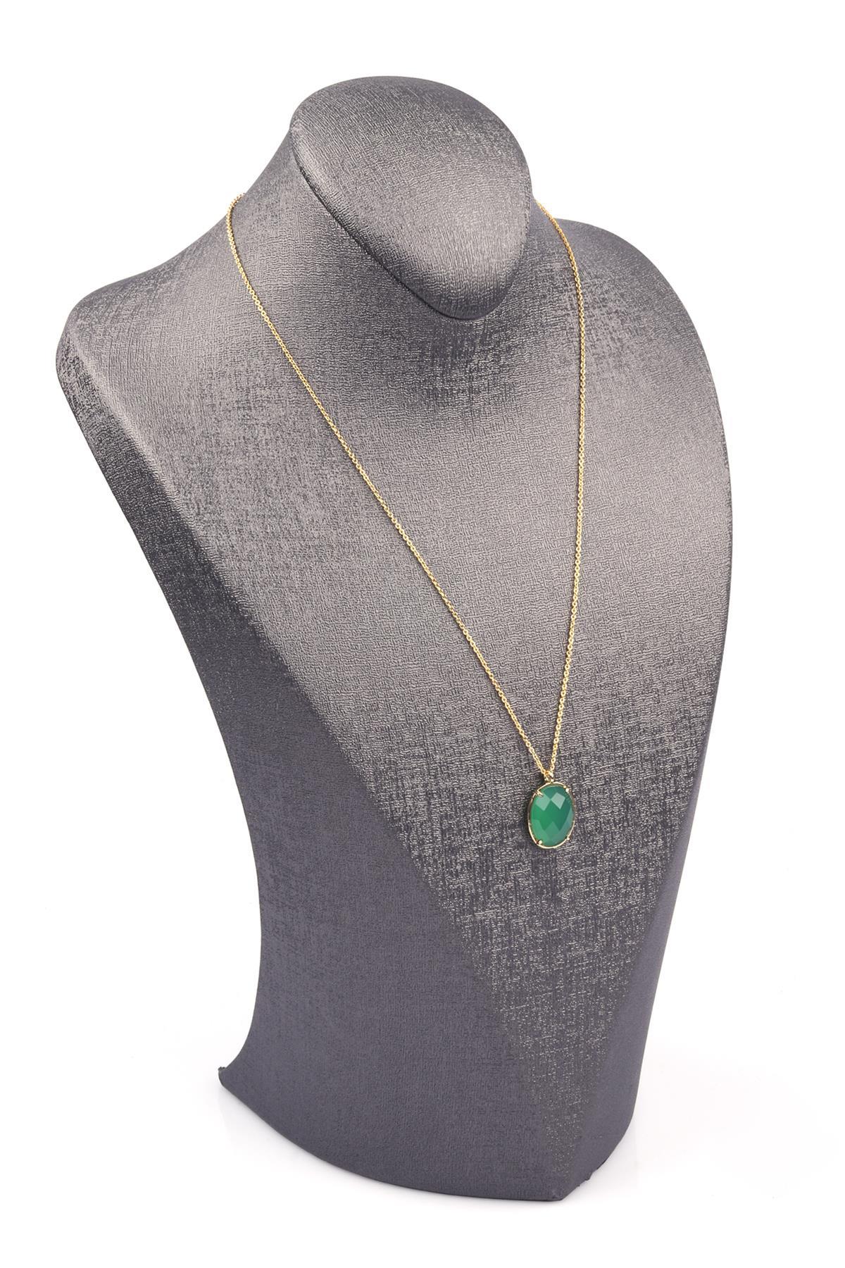 Yeşil Akik Doğal Taş Gold Renkli Kolye