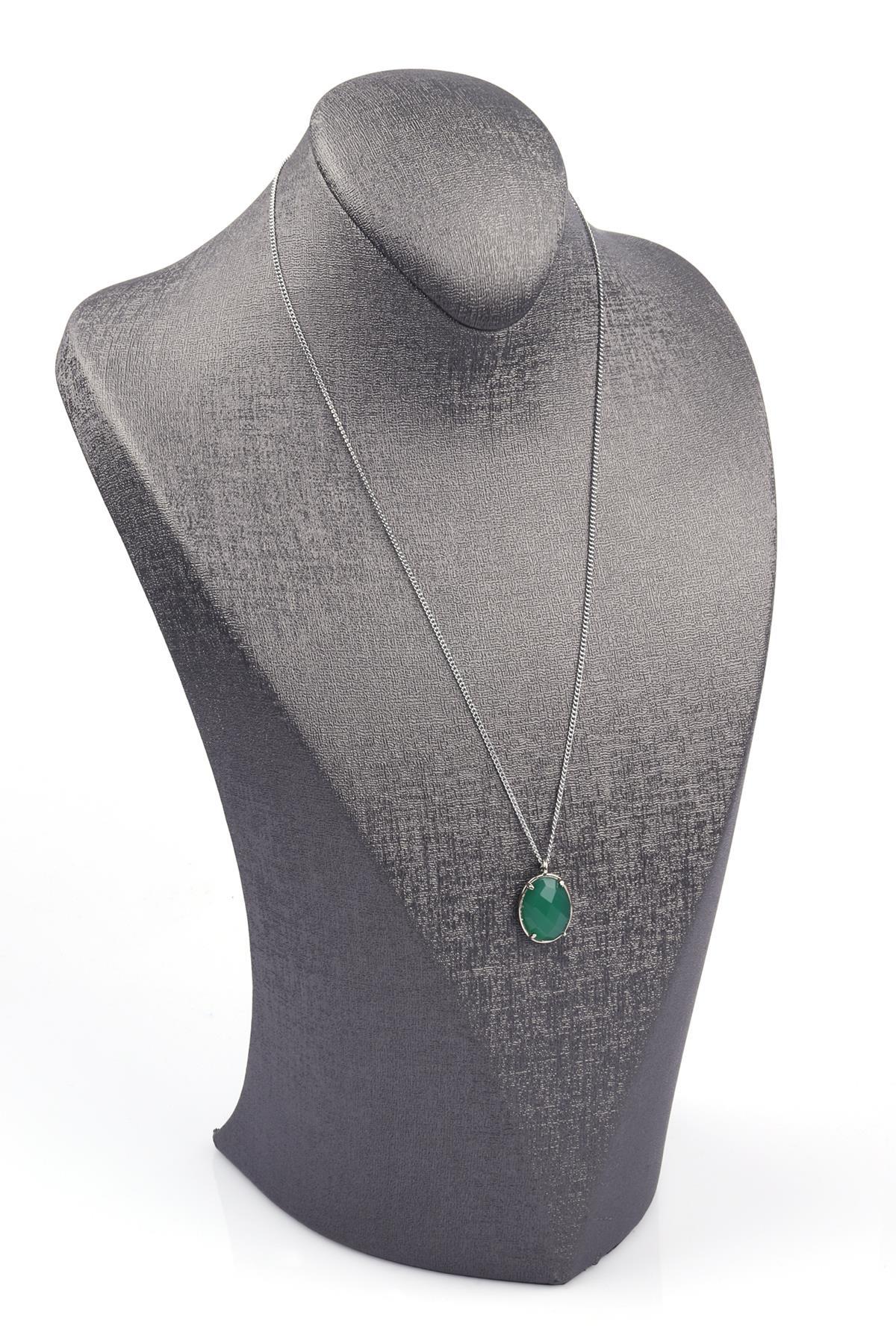 Yeşil Akik Doğal Taş Gümüş Renkli Kolye