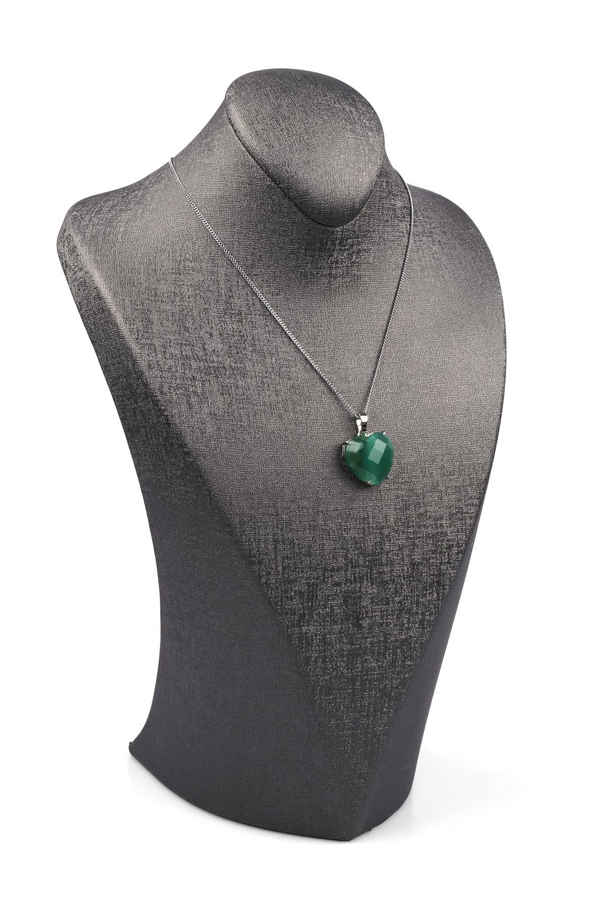 Yeşil Akik Doğal Taş Gümüş Renkli Kolye