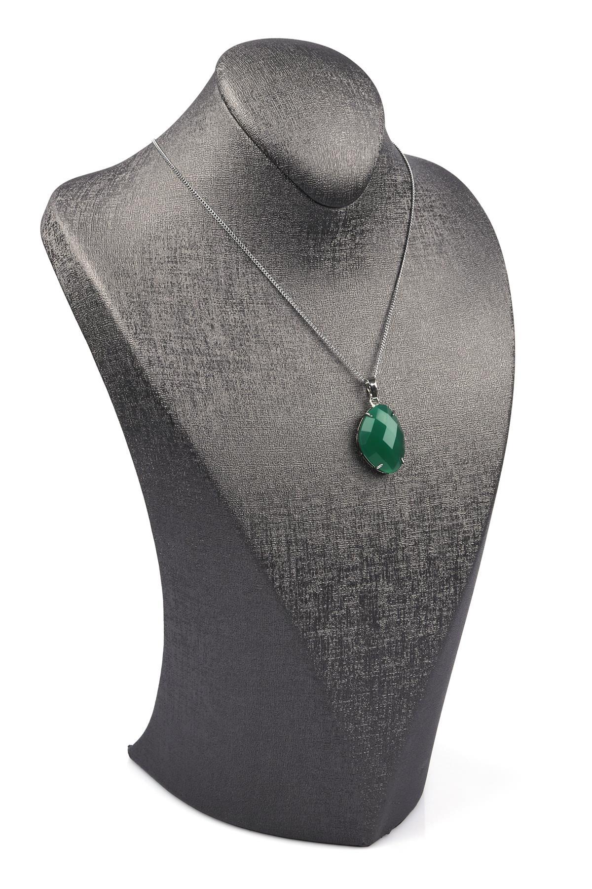 Yeşil Akik Doğal Taş Gümüş Renkli Kolye