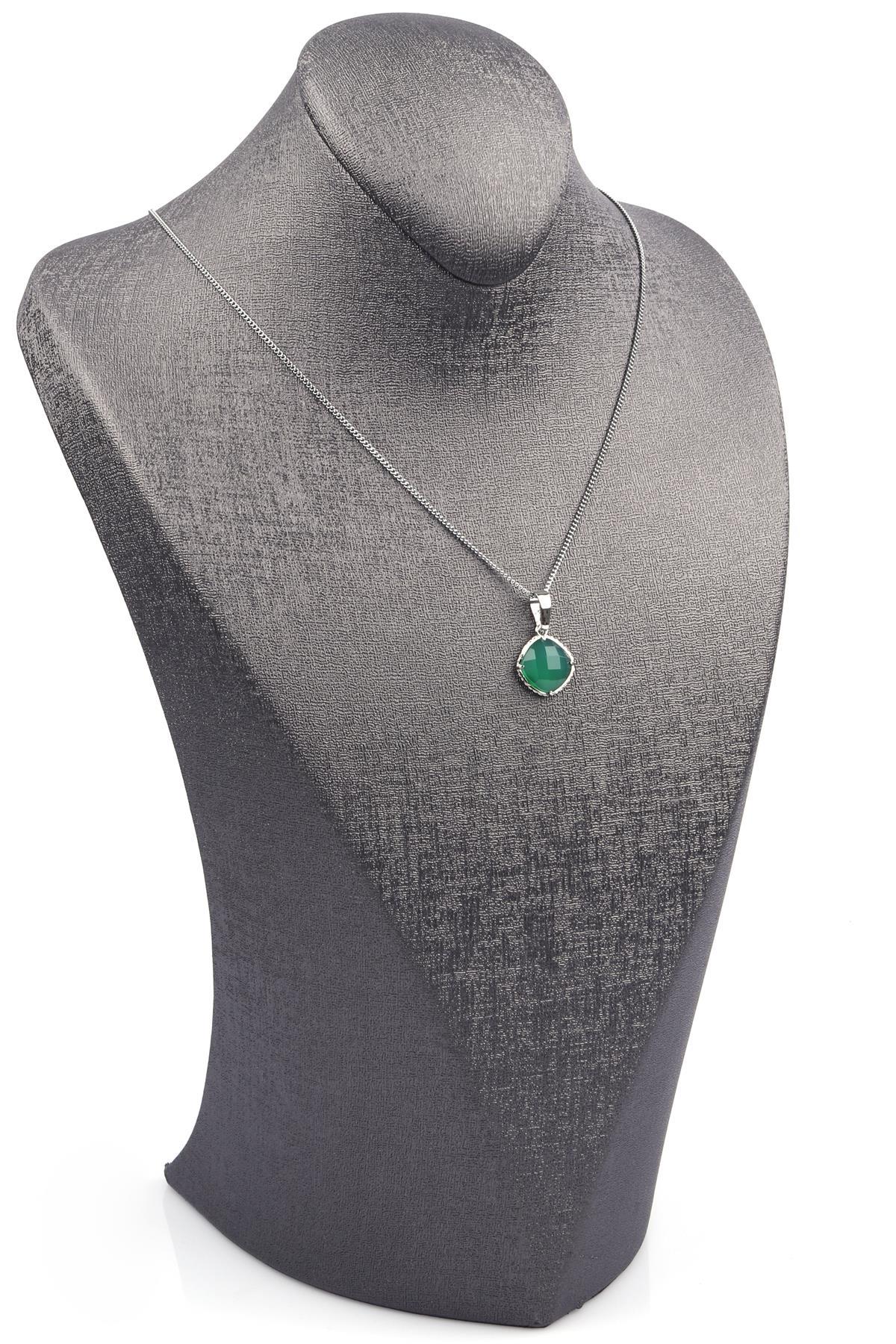 Yeşil Akik Doğal Taş Gümüş Renkli Kolye