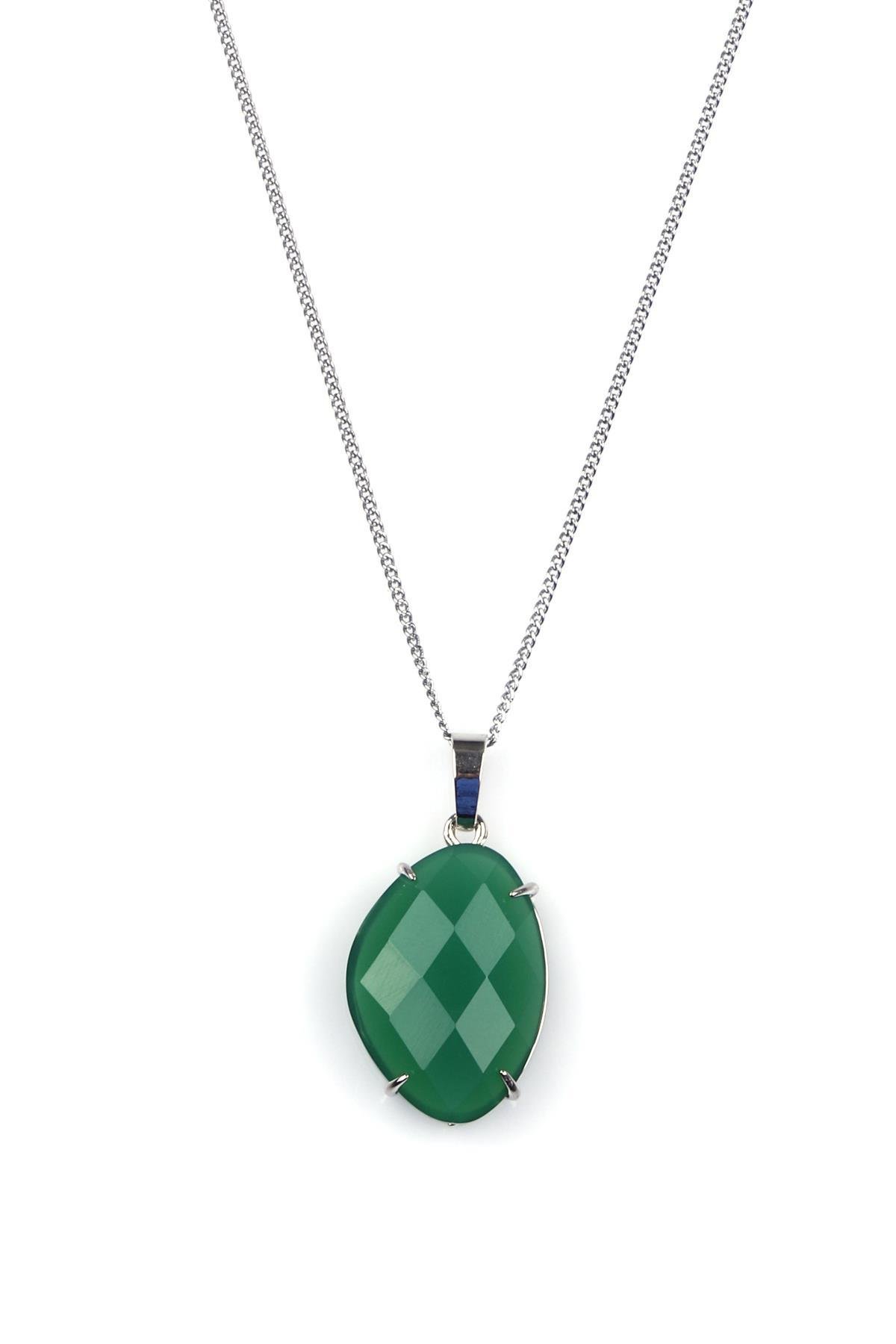 Yeşil Akik Doğal Taş Gümüş Renkli Kolye