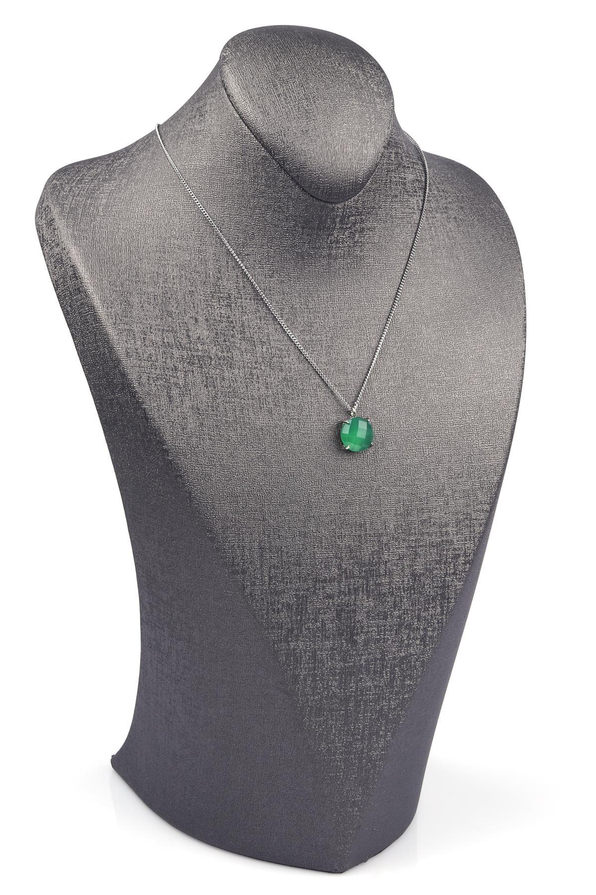 Yeşil Akik Doğal Taş Gümüş Renkli Kolye