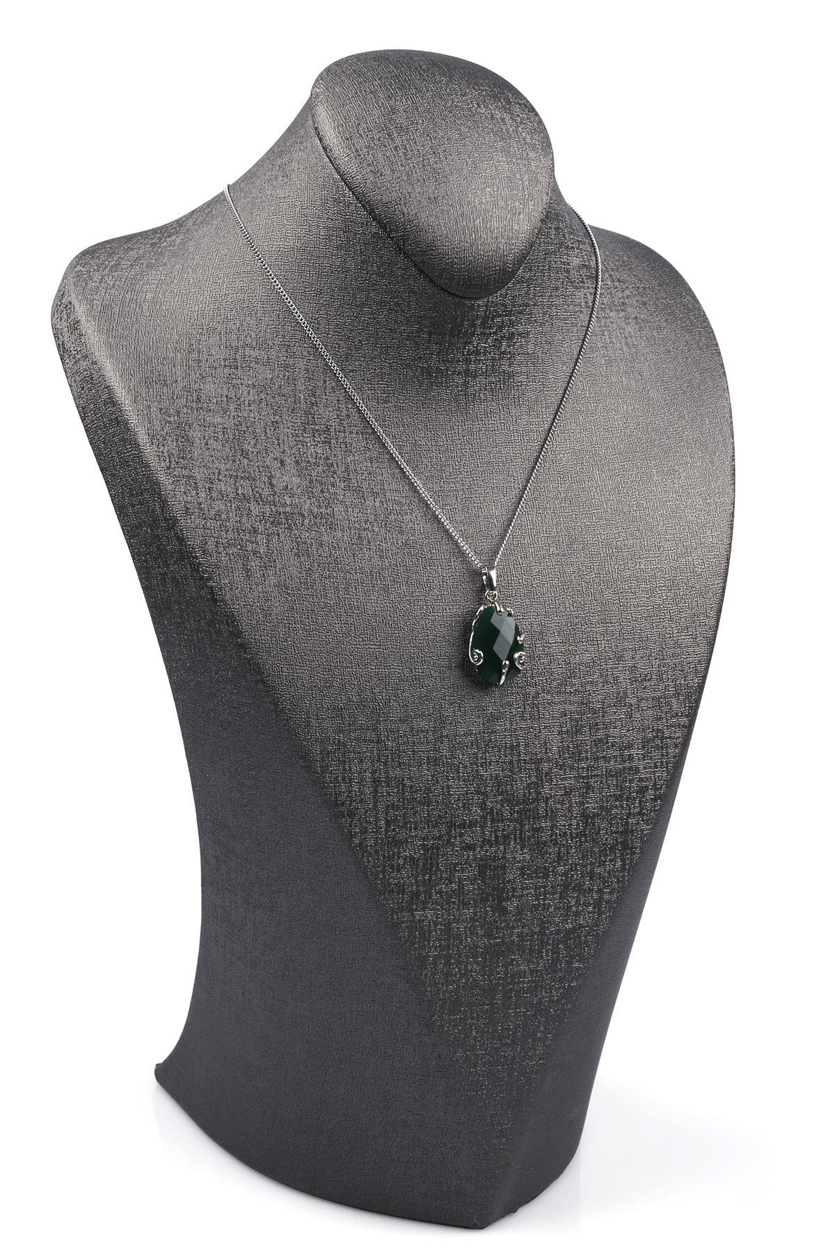 Yeşil Akik Doğal Taş Gümüş Renkli Kolye