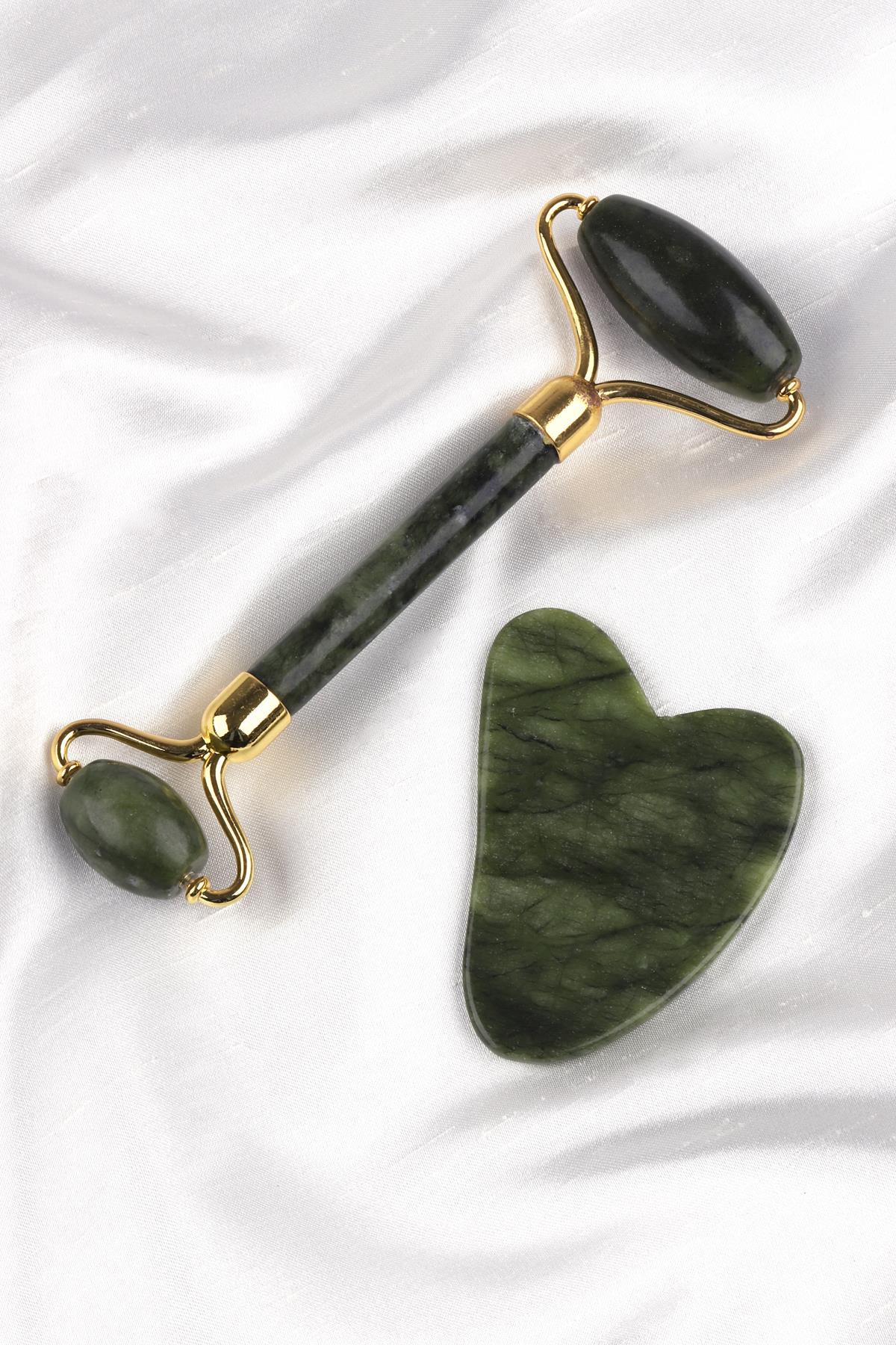 Yeşim Doğal Taş 2'li Özel Kutulu Set Face Roller + Gua Sha Masaj Taşı
