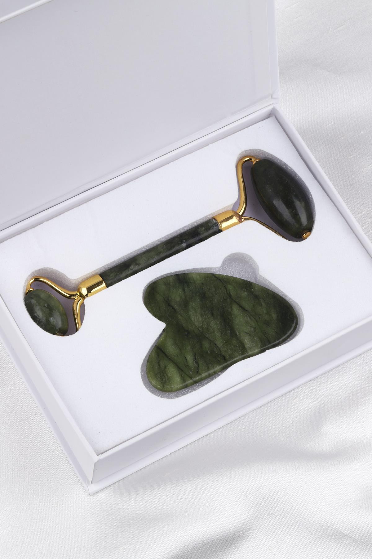 Yeşim Doğal Taş 2'li Özel Kutulu Set Face Roller + Gua Sha Masaj Taşı