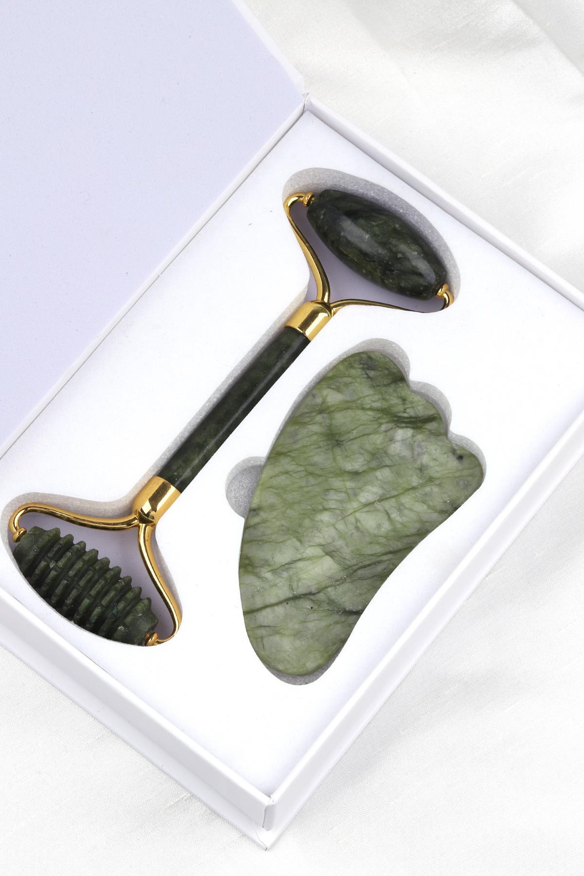 Yeşim Doğal Taş 2'li Özel Kutulu Set Face Roller + Gua Sha Masaj Taşı