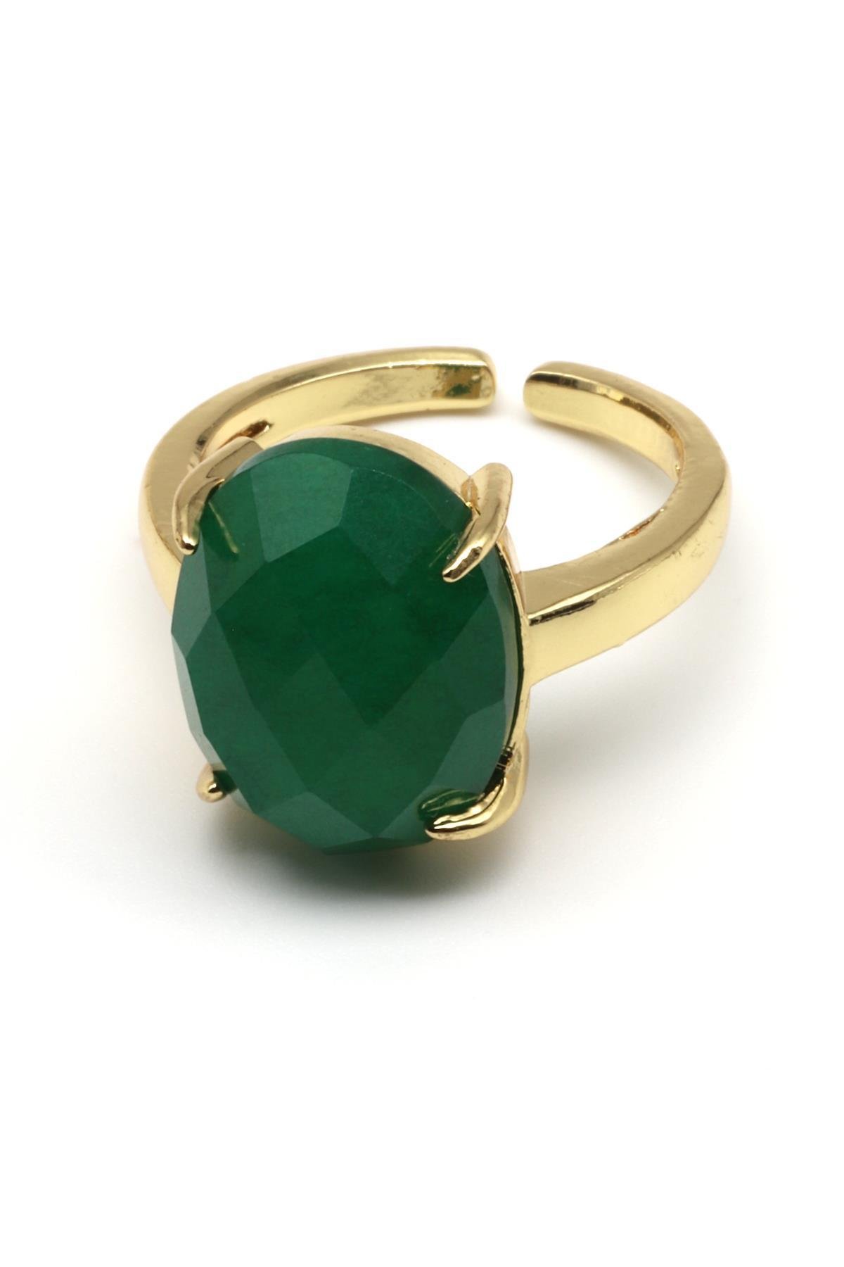 Yeşim Doğal Taş Ayarlanabilir Gold Renk Yüzük