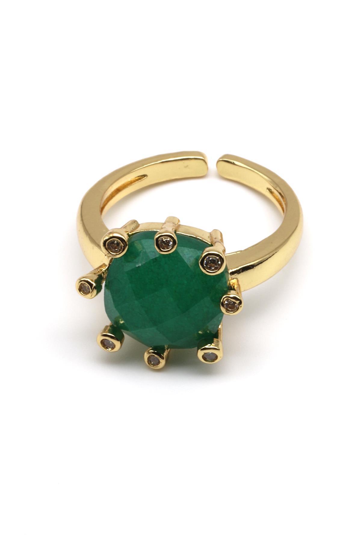 Yeşim Doğal Taş Ayarlanabilir Gold Renk Yüzük