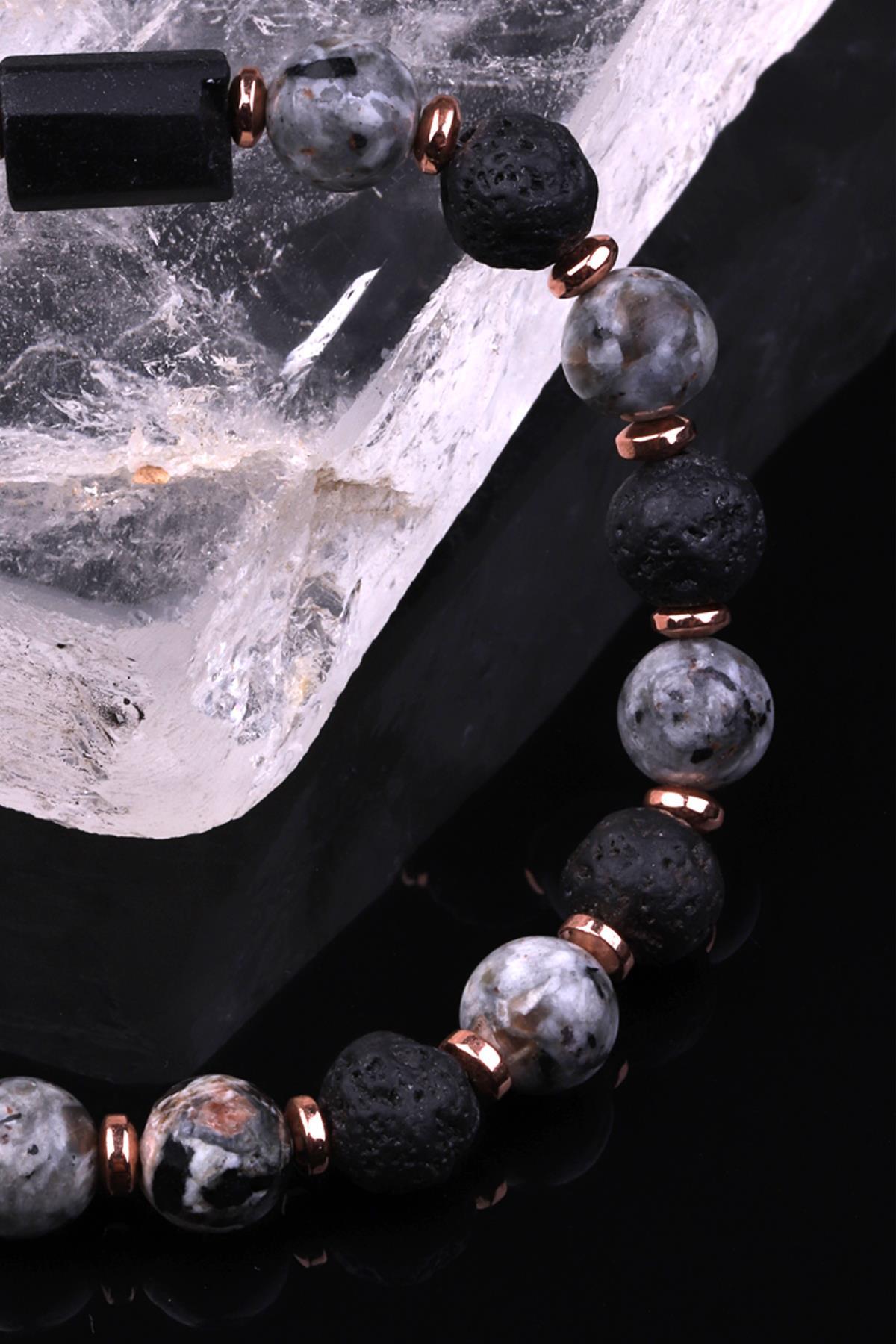 Yooperlite - Lav - Turmalin - Hematit Doğal Taş Tasarım Bileklik 