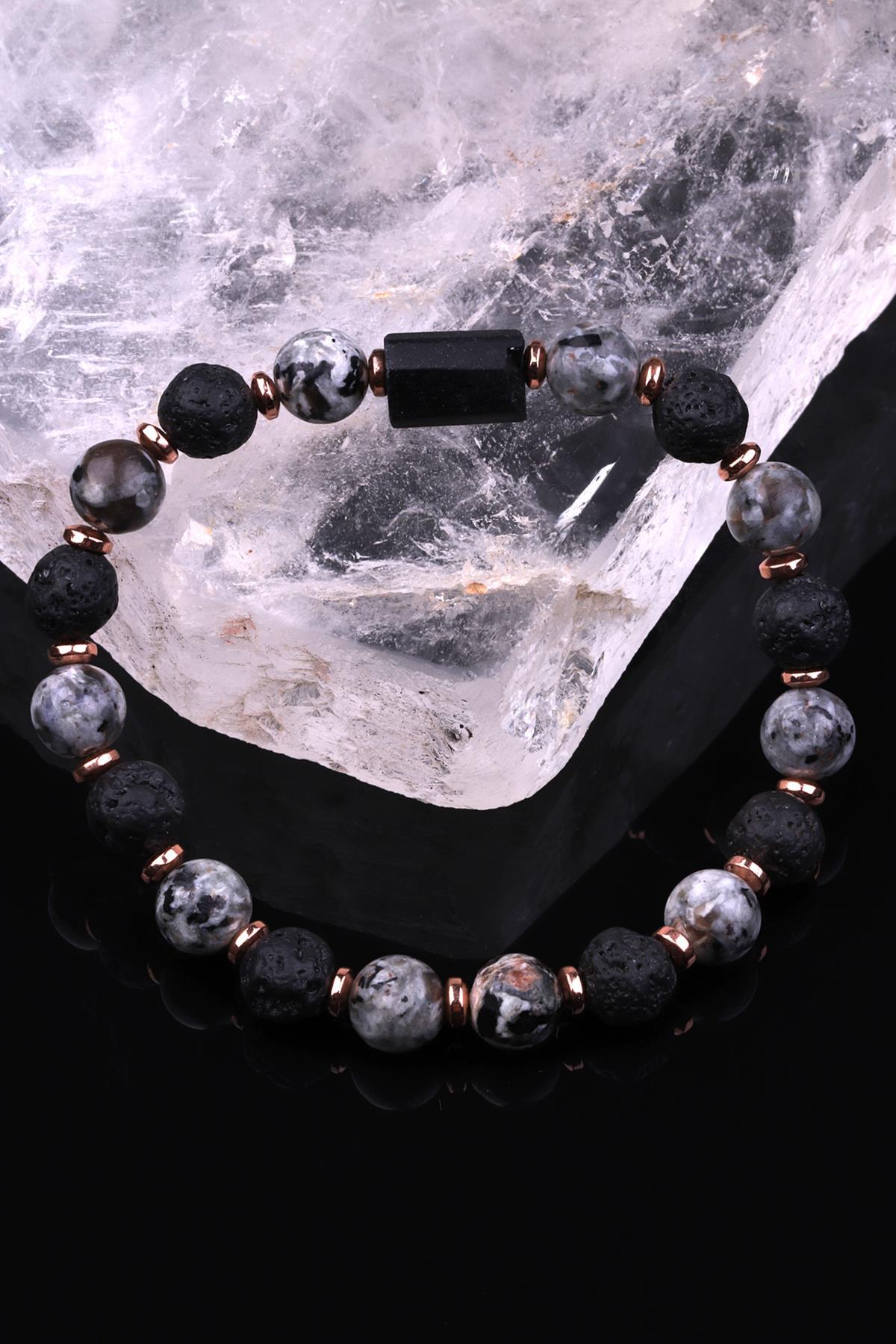 Yooperlite - Lav - Turmalin - Hematit Doğal Taş Tasarım Bileklik 