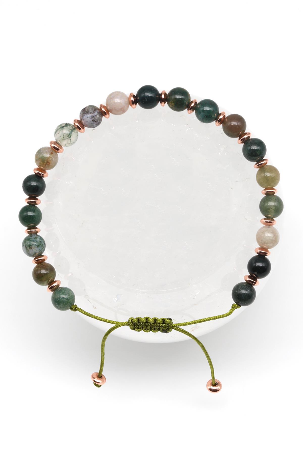 Yosun Akik Doğal Taş Makrome Örme Bileklik Küre Kesim