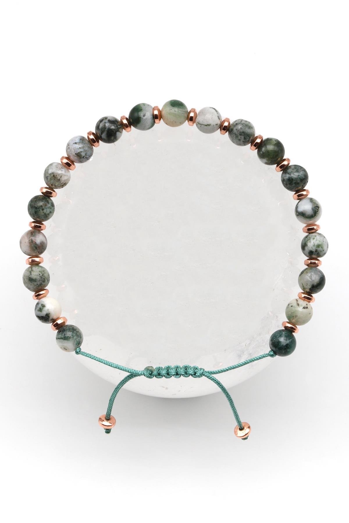 Yosun Akik Doğal Taş Makrome Örme Bileklik Küre Kesim