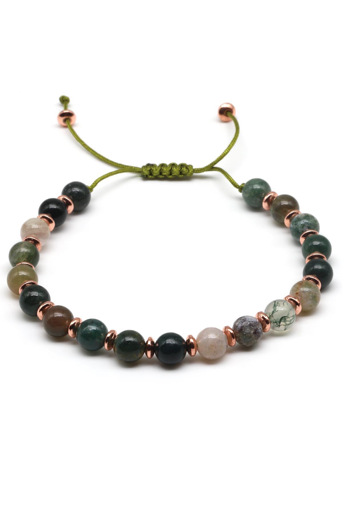 Yosun Akik Doğal Taş Makrome Örme Bileklik Küre Kesim