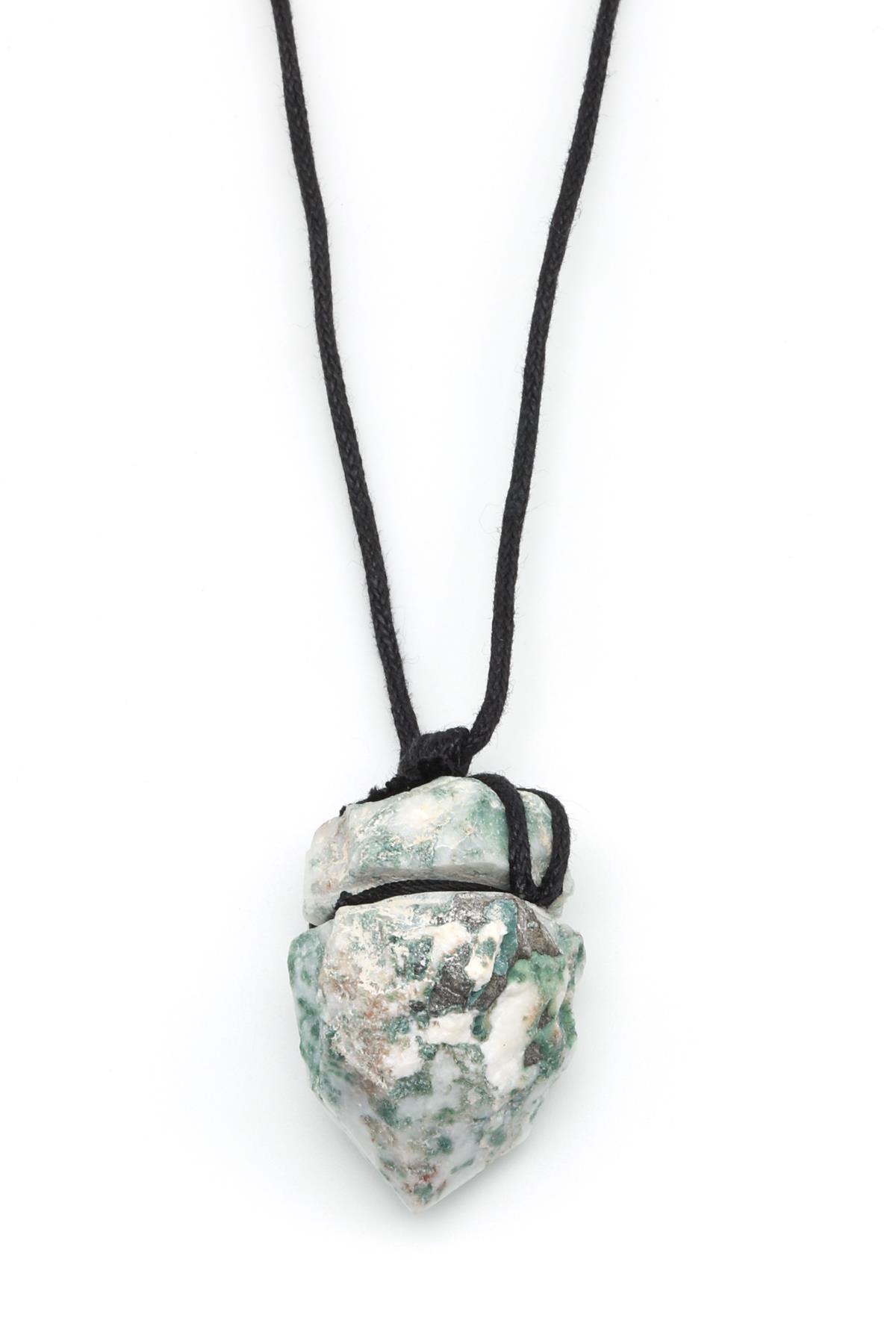 Yosun Akik Doğal Taş Siyah İpli Kolye