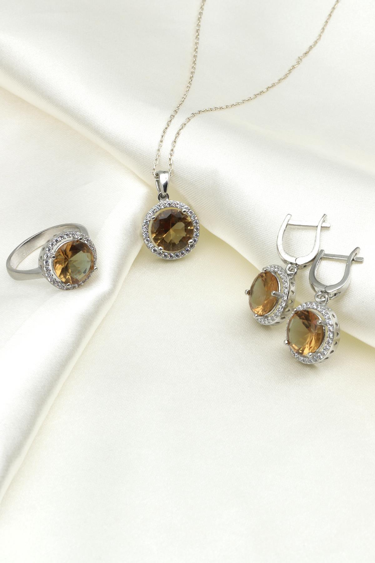 Zultanit Kolye - Küpe - Yüzük 925 Ayar Gümüş 3'lü Set