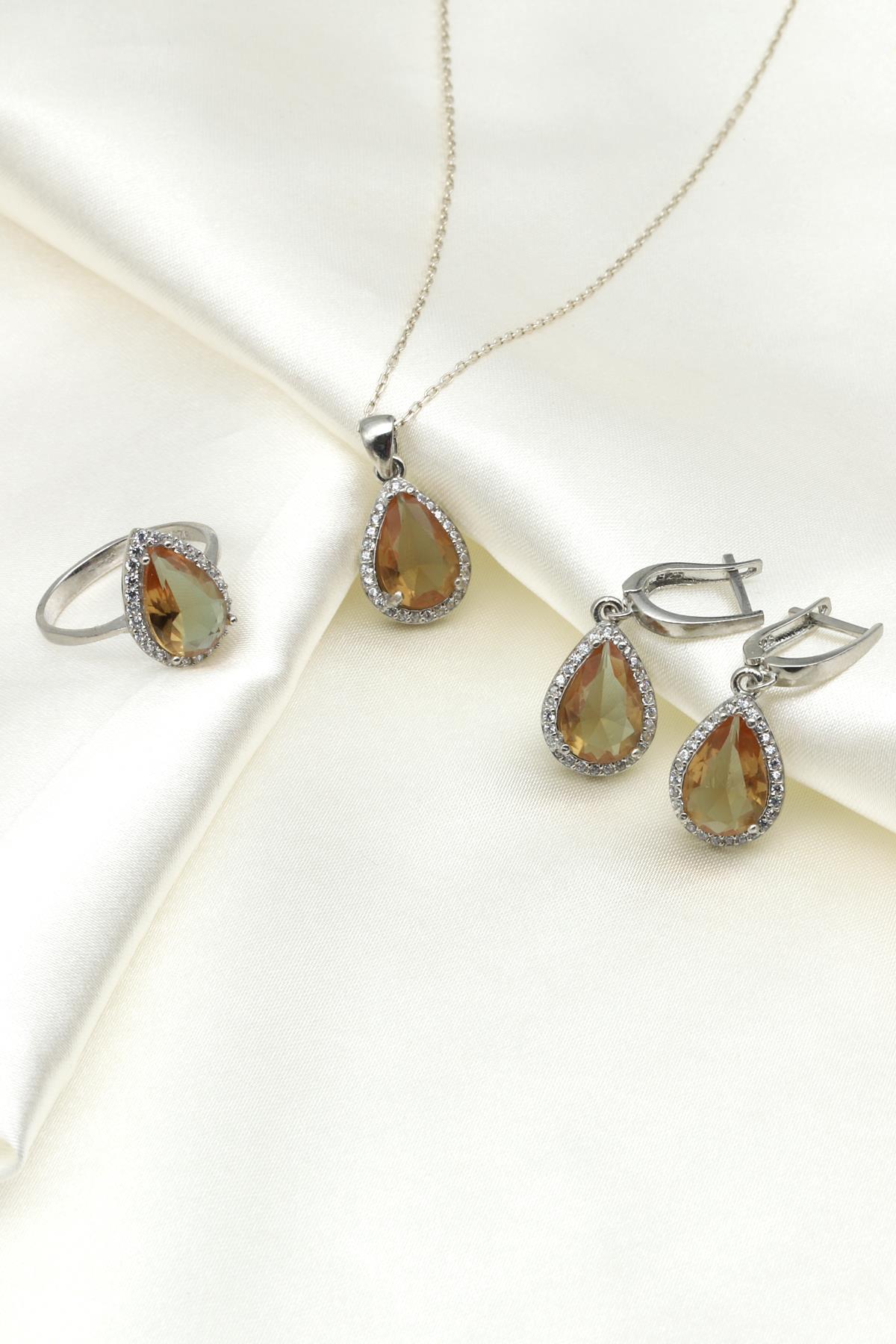 Zultanit Kolye - Küpe - Yüzük 925 Ayar Gümüş 3'lü Set