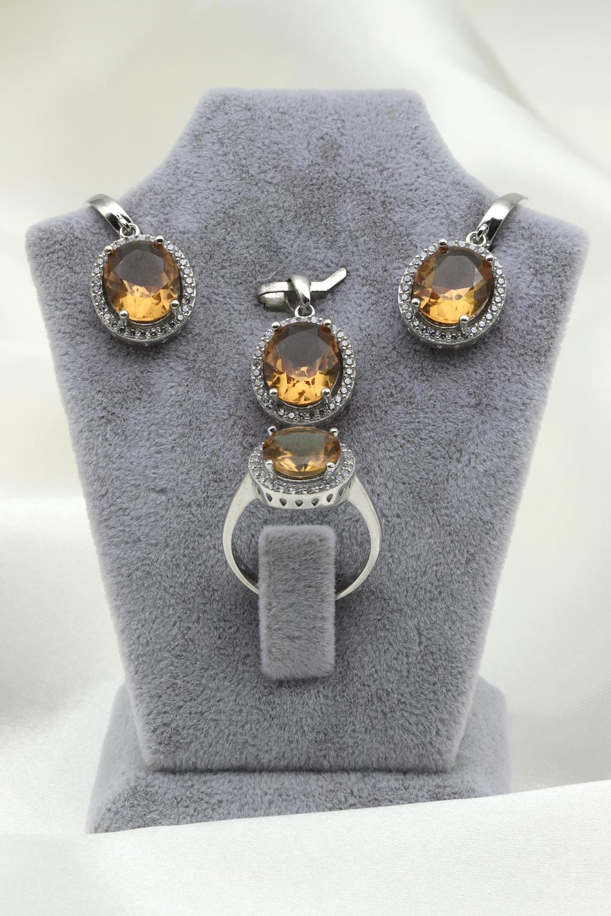 Zultanit Kolye - Küpe - Yüzük 925 Ayar Gümüş 3'lü Set