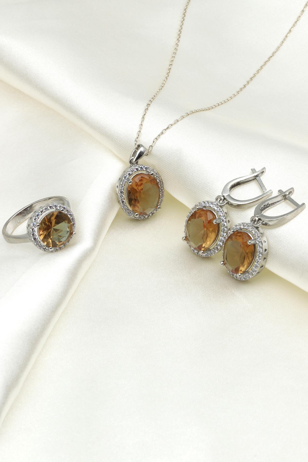 Zultanit Kolye - Küpe - Yüzük 925 Ayar Gümüş 3'lü Set