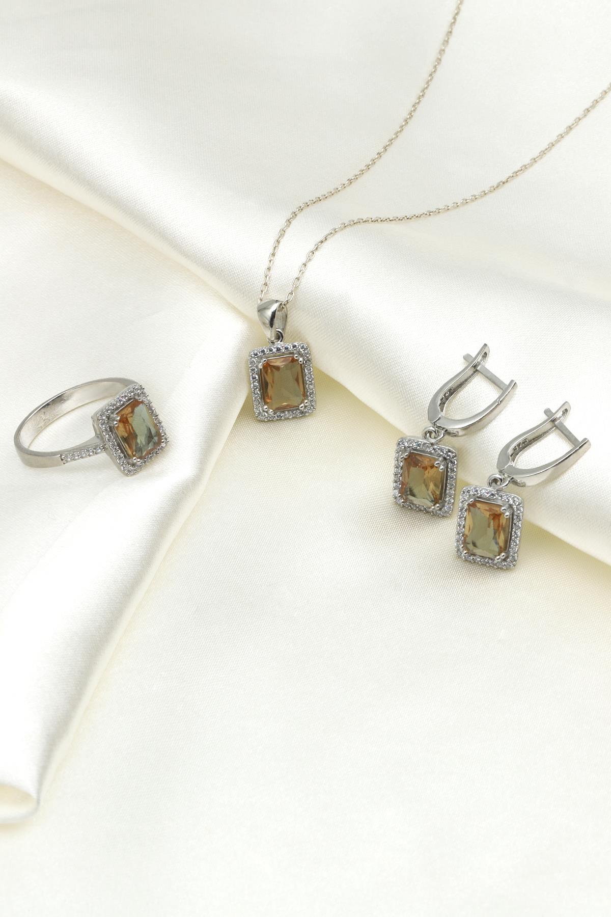 Zultanit Kolye - Küpe - Yüzük 925 Ayar Gümüş 3'lü Set