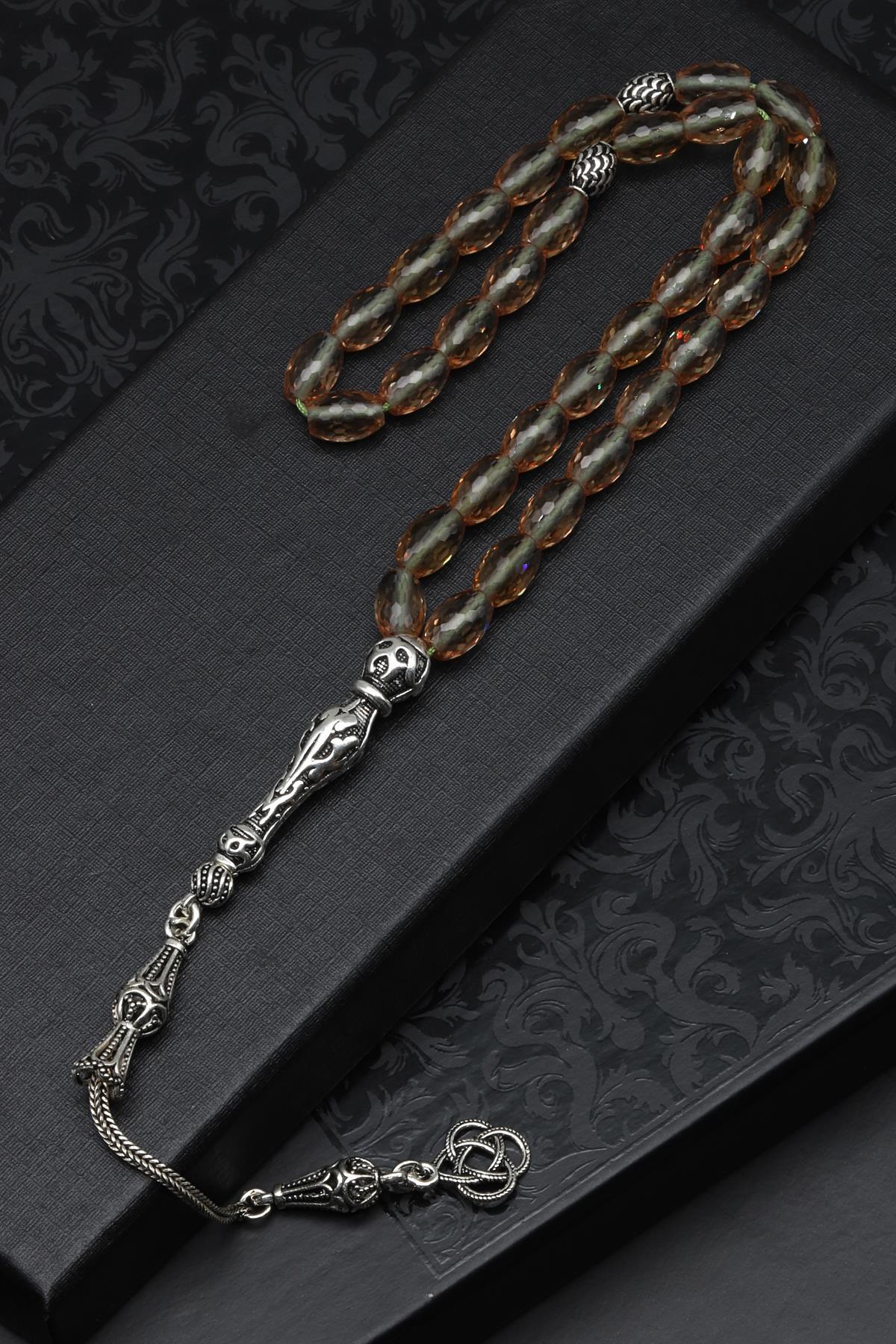 Zultanit Tesbih 5 x 8 mm 925 Ayar Gümüş Püsküllü Fasetli Arpa Kesim