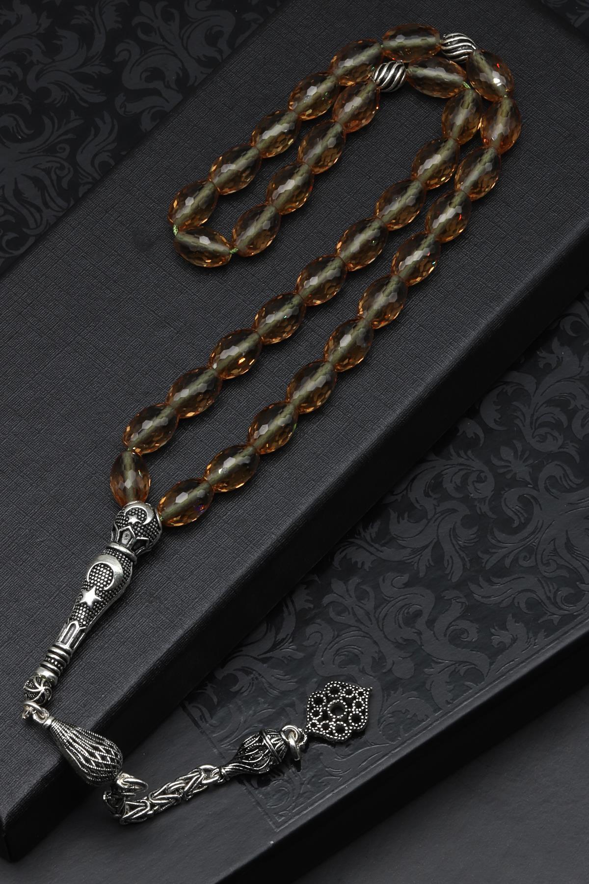 Zultanit Tesbih 6 x 10 mm 925 Ayar Gümüş Püsküllü Fasetli Arap Kesim