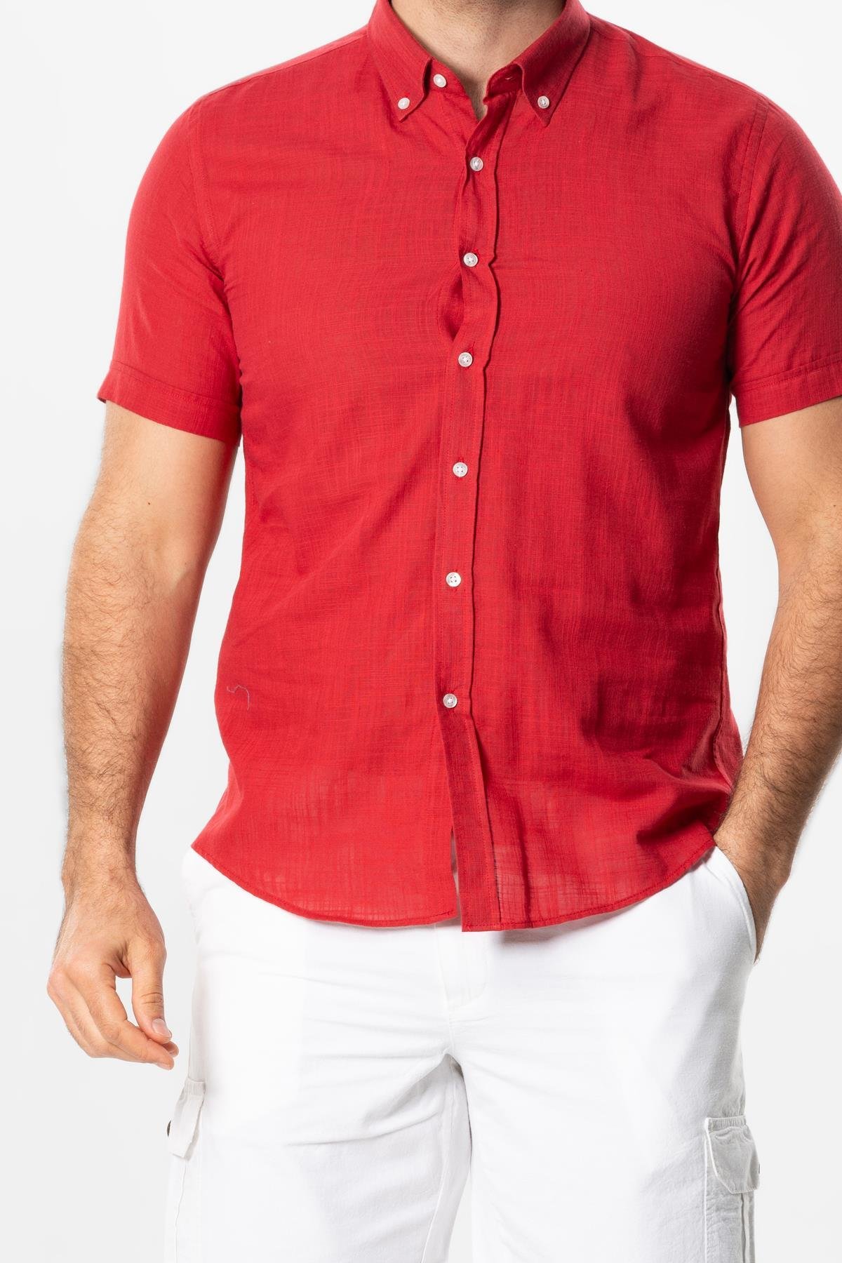 Ada Şile Bezi Kısa Kol Yazlık Gömlek Kırmızı 3051
