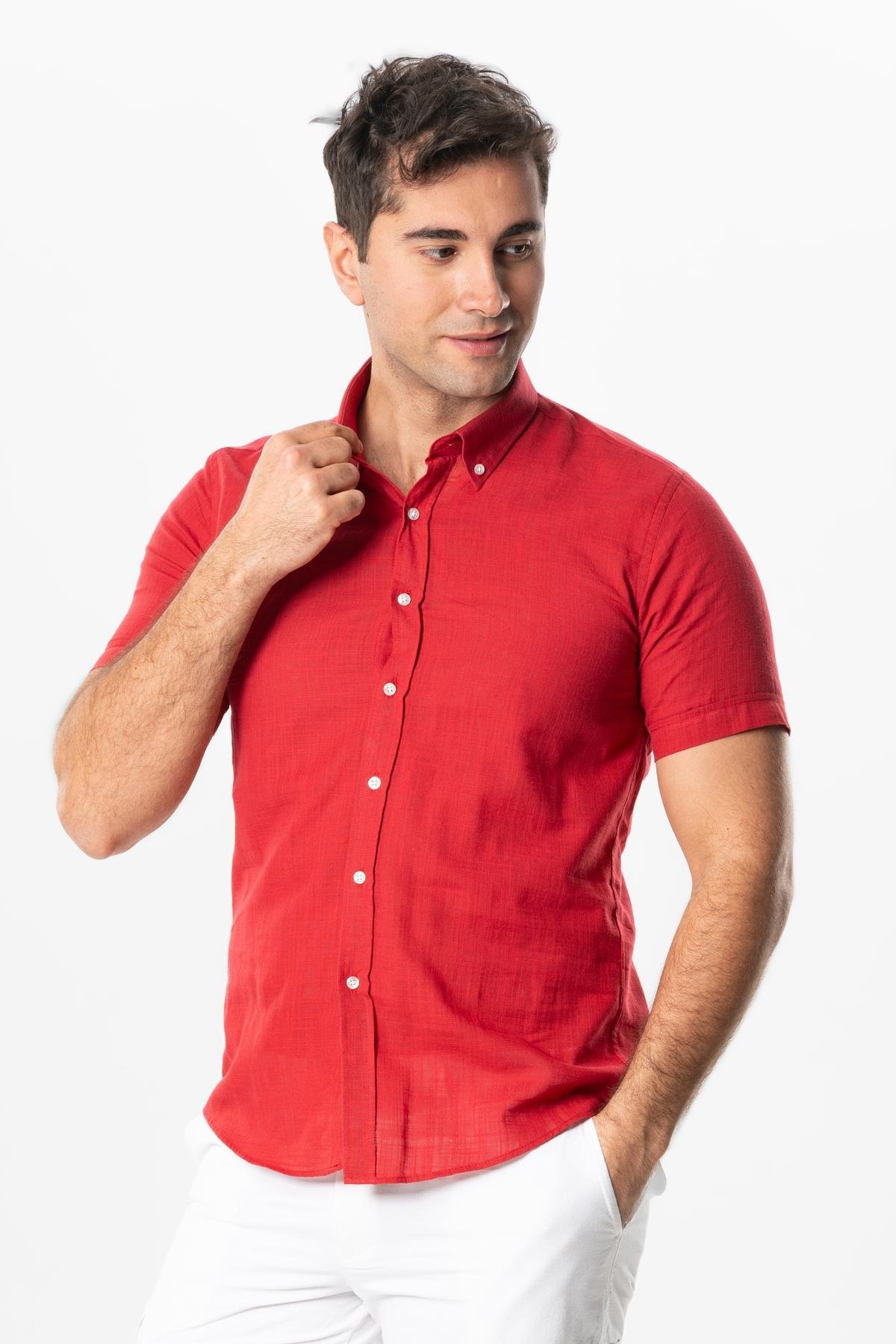 Ada Şile Bezi Kısa Kol Yazlık Gömlek Kırmızı 3051