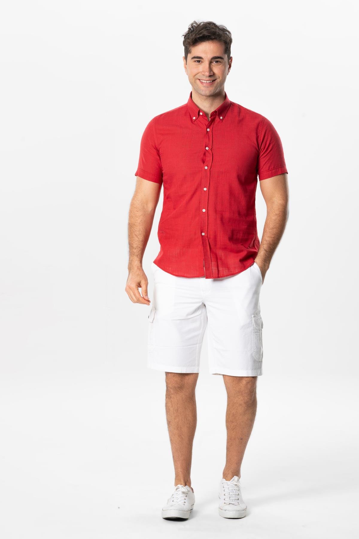 Ada Şile Bezi Kısa Kol Yazlık Gömlek Kırmızı 3051