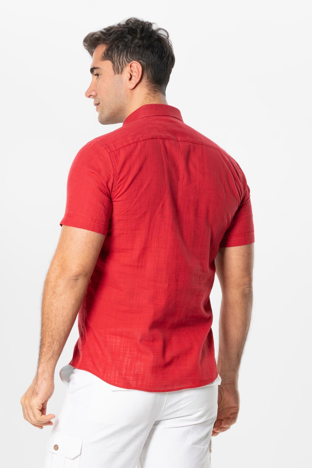 Ada Şile Bezi Kısa Kol Yazlık Gömlek Kırmızı 3051