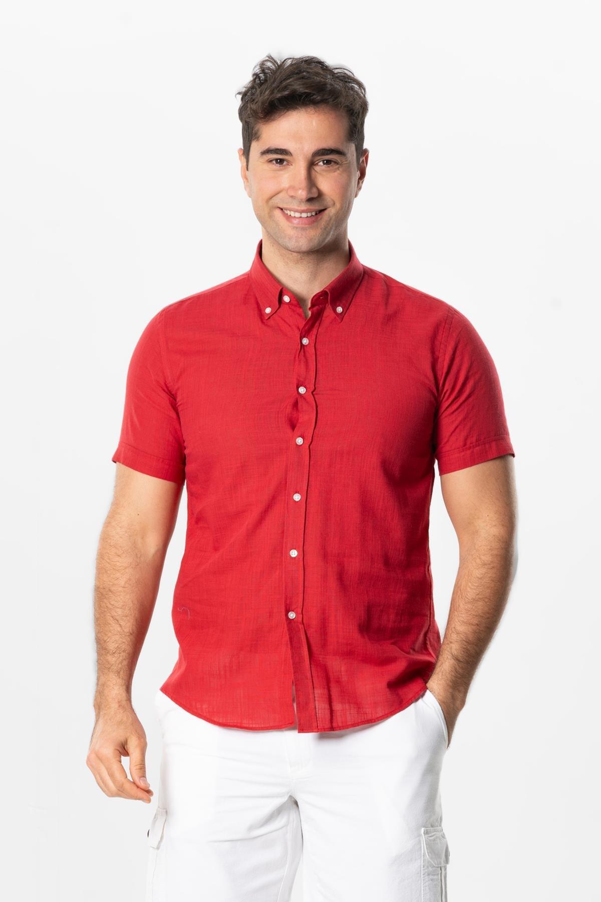 Ada Şile Bezi Kısa Kol Yazlık Gömlek Kırmızı 3051