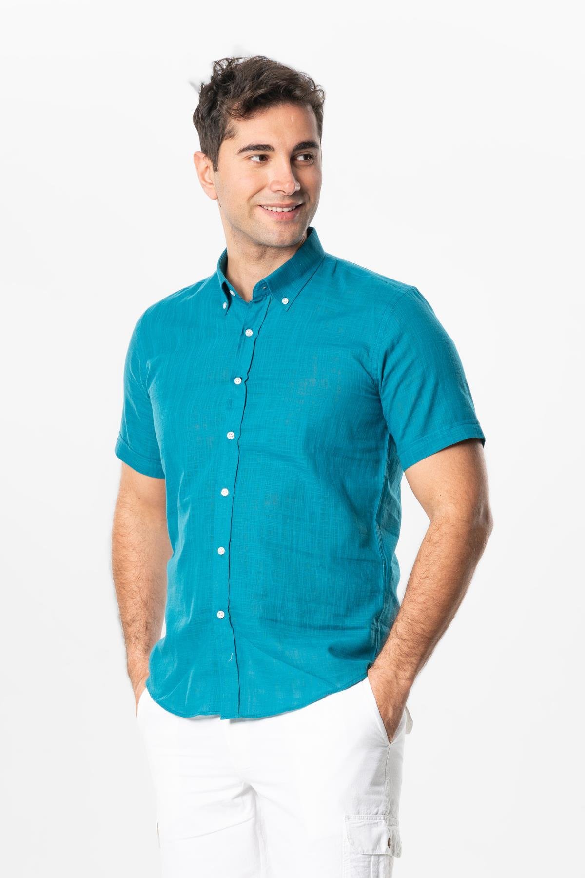 Ada Şile Bezi Kısa Kol Yazlık Gömlek Petrol 3053