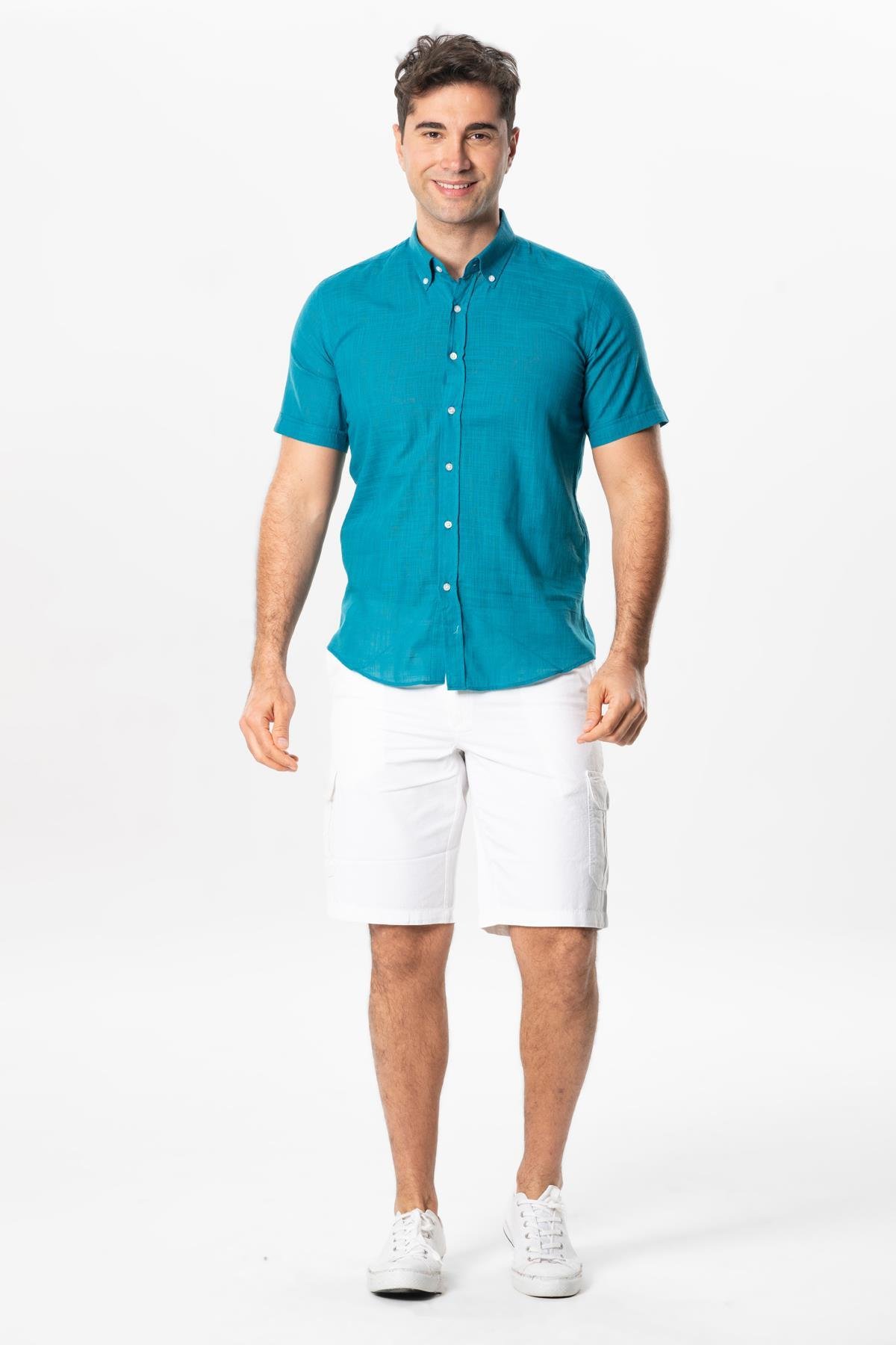 Ada Şile Bezi Kısa Kol Yazlık Gömlek Petrol 3053