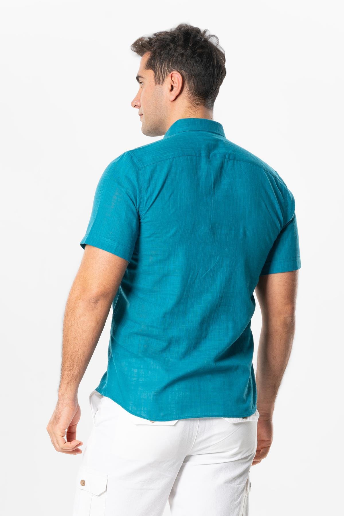 Ada Şile Bezi Kısa Kol Yazlık Gömlek Petrol 3053