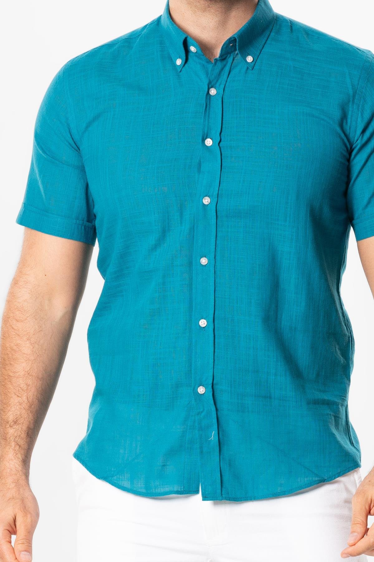 Ada Şile Bezi Kısa Kol Yazlık Gömlek Petrol 3053