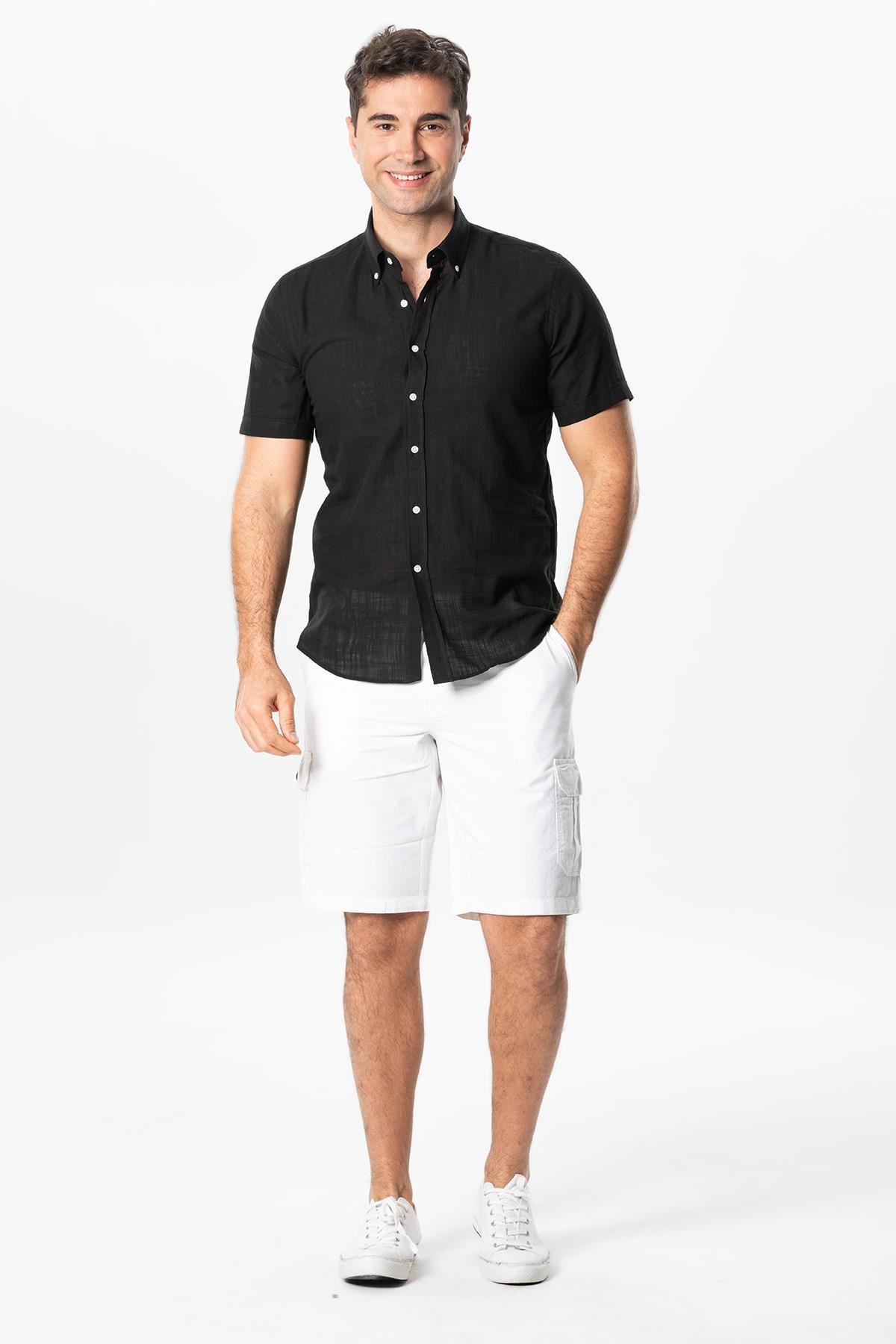 Ada Şile Bezi Kısa Kol Yazlık Gömlek Siyah 3003