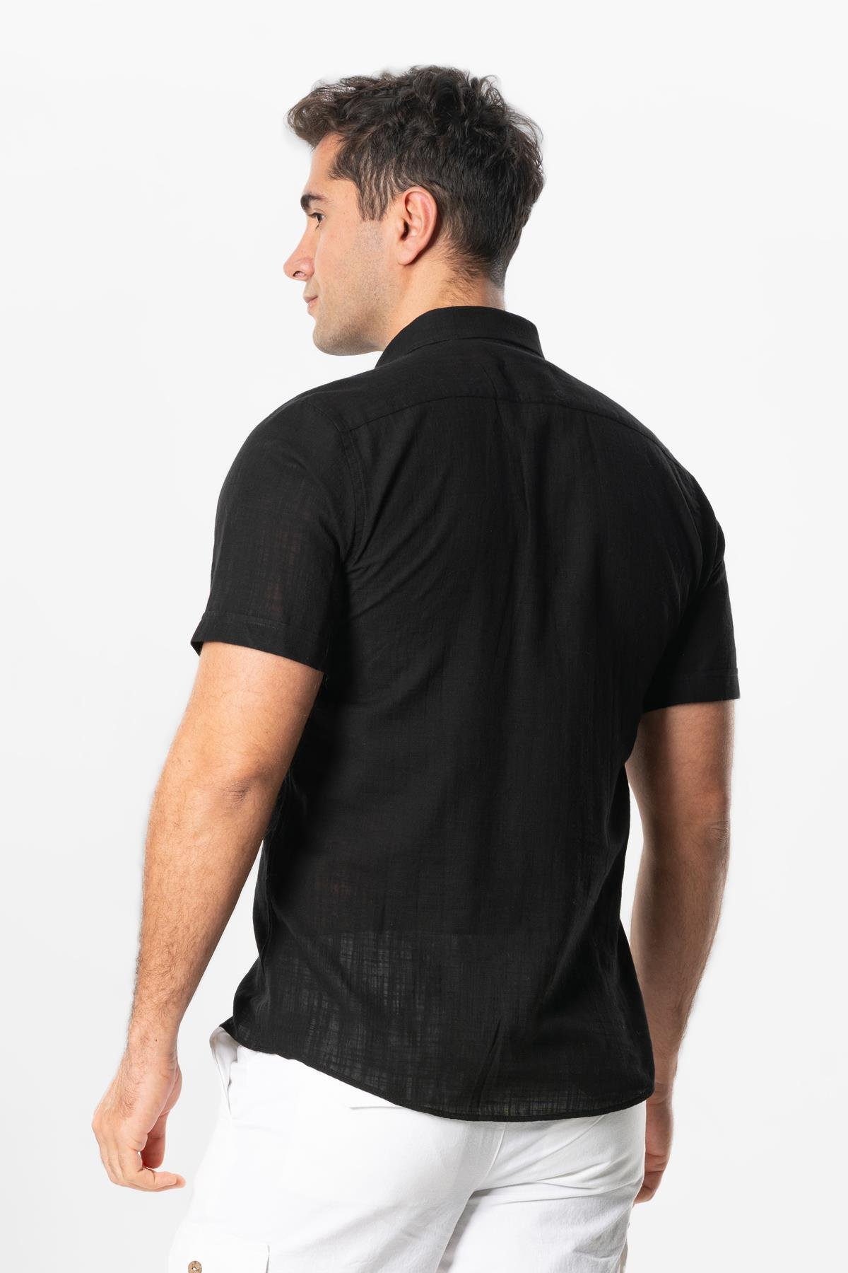 Ada Şile Bezi Kısa Kol Yazlık Gömlek Siyah 3003