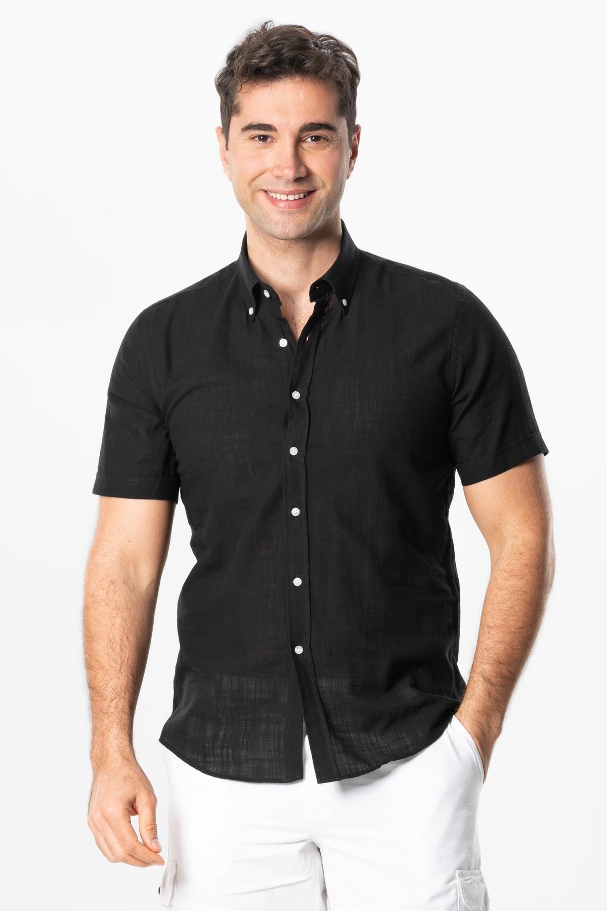 Ada Şile Bezi Kısa Kol Yazlık Gömlek Siyah 3003