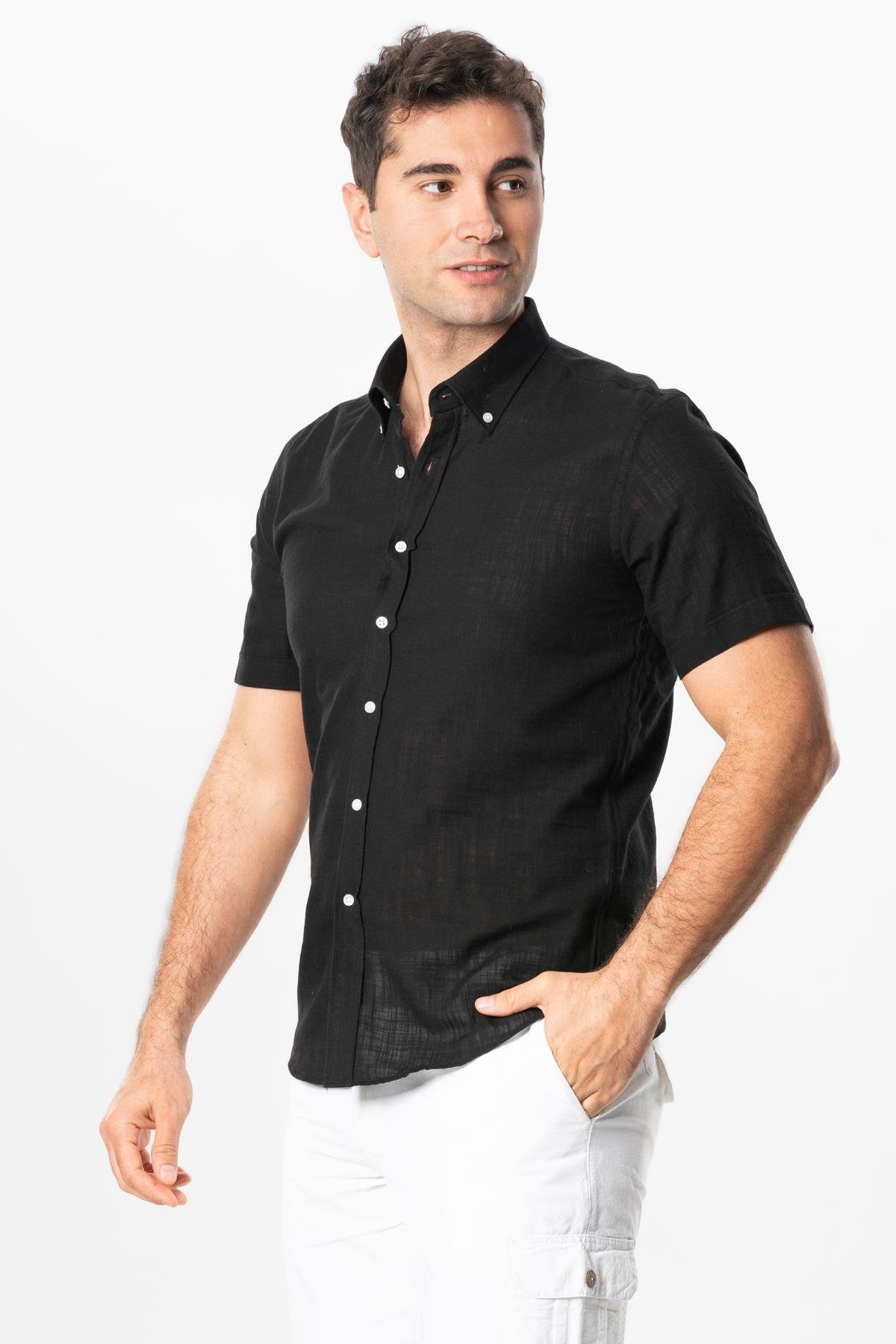 Ada Şile Bezi Kısa Kol Yazlık Gömlek Siyah 3003
