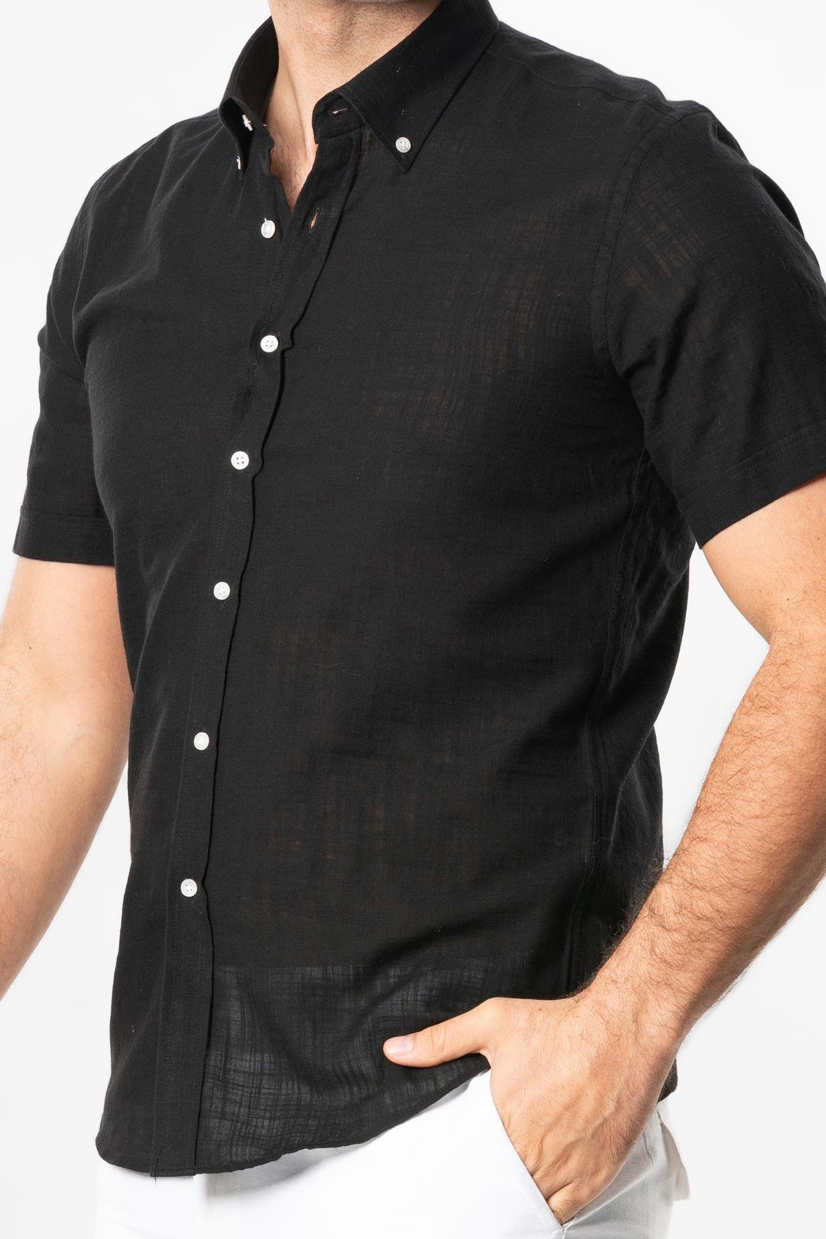 Ada Şile Bezi Kısa Kol Yazlık Gömlek Siyah 3003