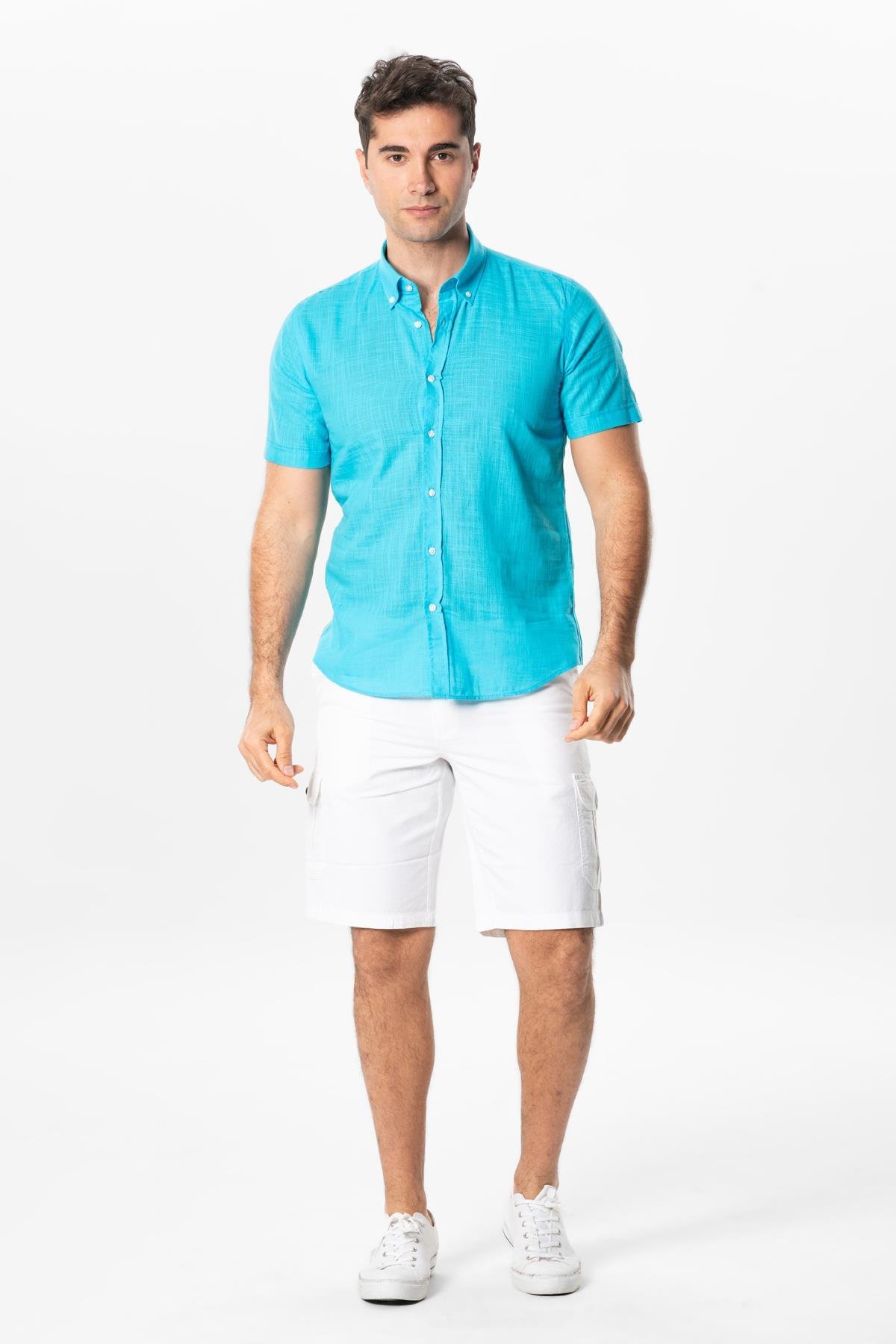 Ada Şile Bezi Kısa Kol Yazlık Gömlek Turkuaz 3054
