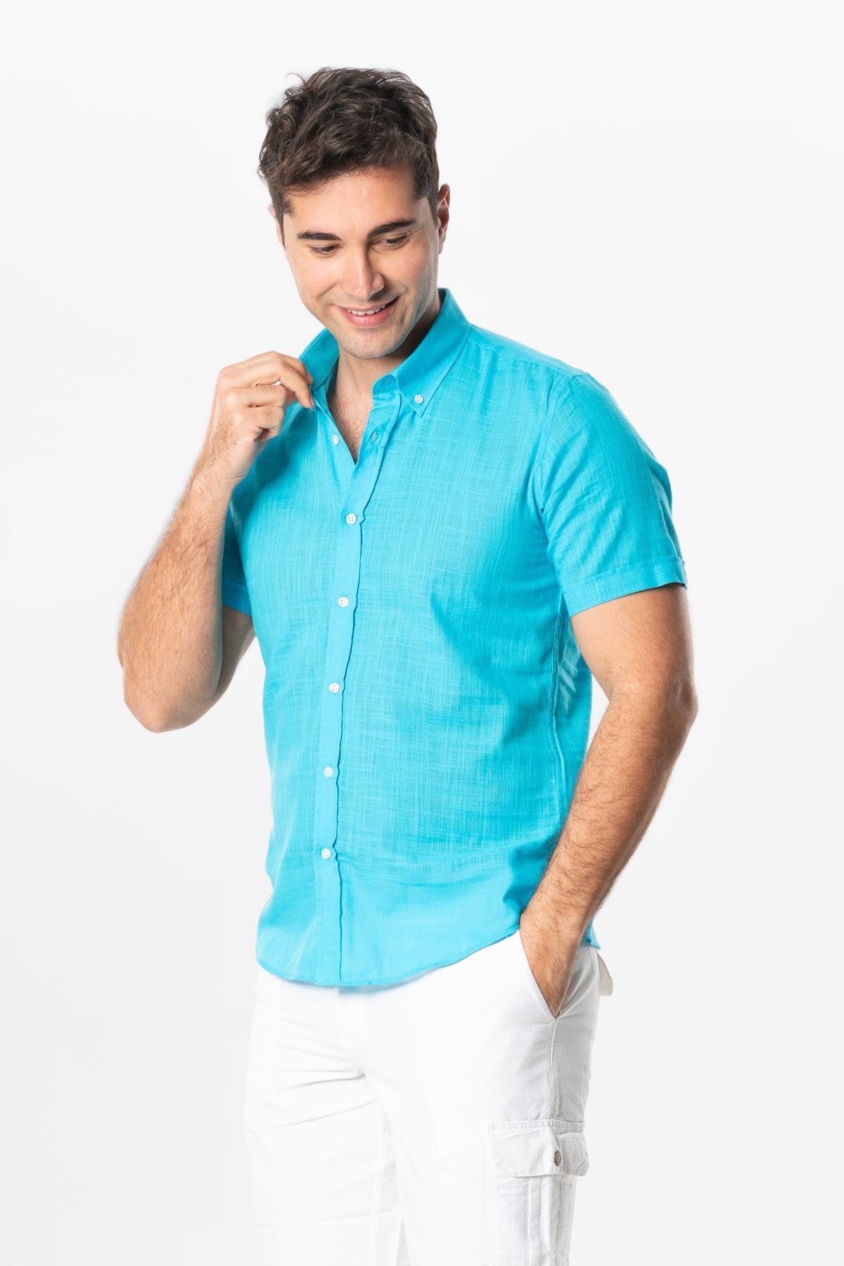 Ada Şile Bezi Kısa Kol Yazlık Gömlek Turkuaz 3054