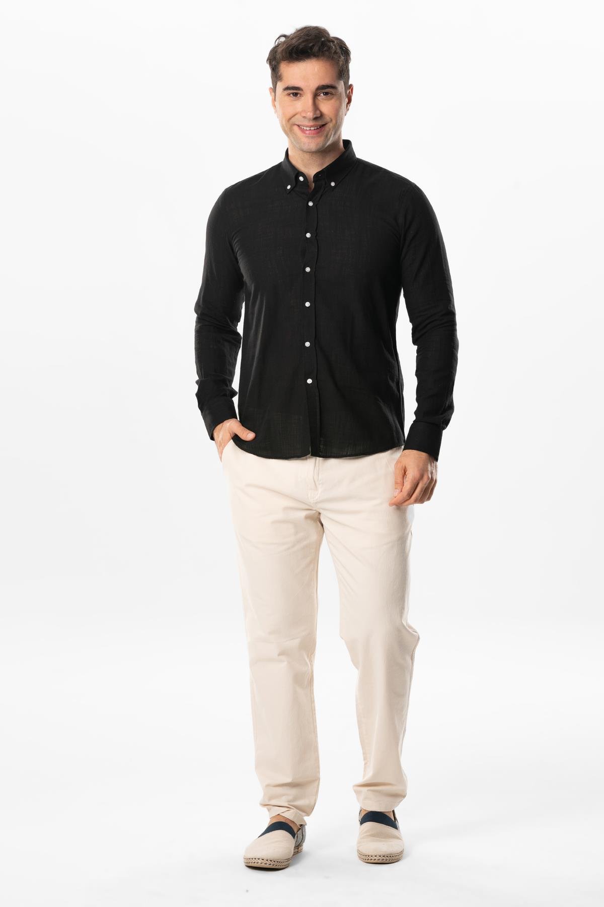 Ada Şile Bezi Uzun Kol Yazlık Gömlek Siyah 3003