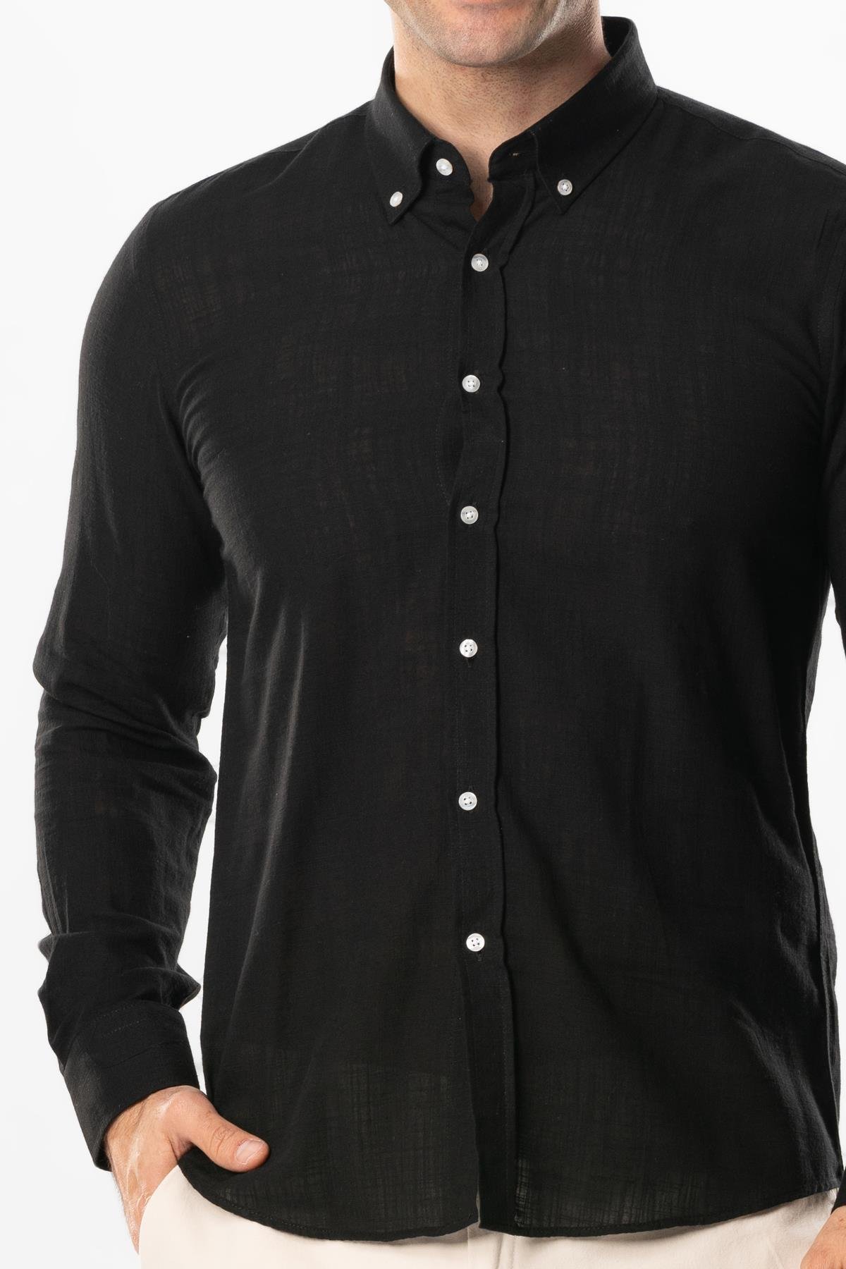 Ada Şile Bezi Uzun Kol Yazlık Gömlek Siyah 3003