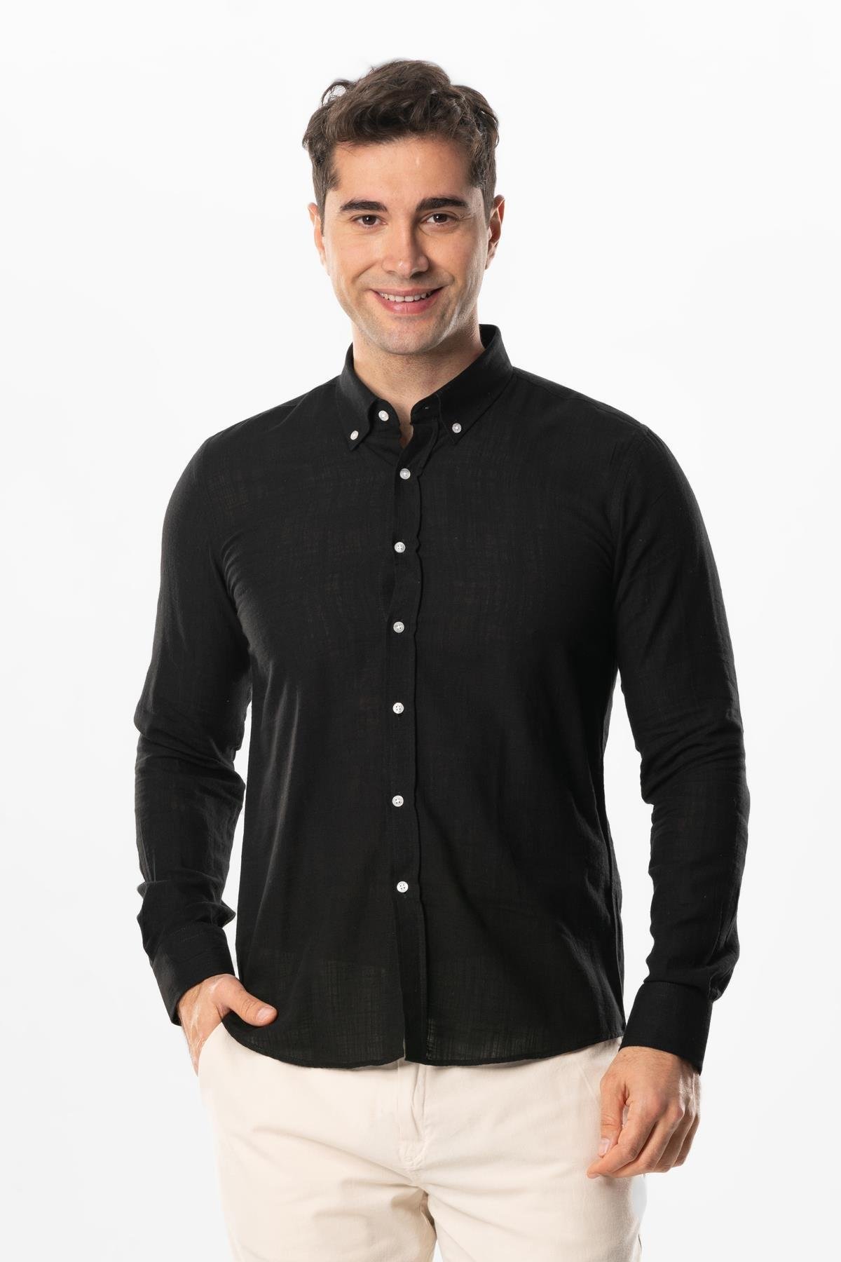 Ada Şile Bezi Uzun Kol Yazlık Gömlek Siyah 3003