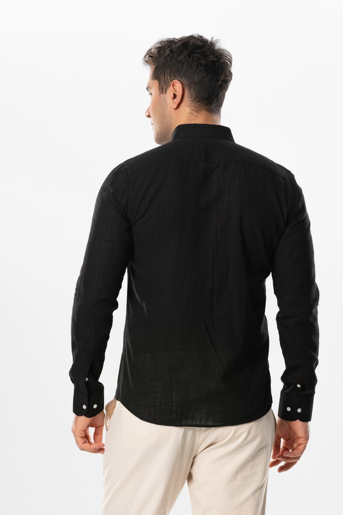 Ada Şile Bezi Uzun Kol Yazlık Gömlek Siyah 3003